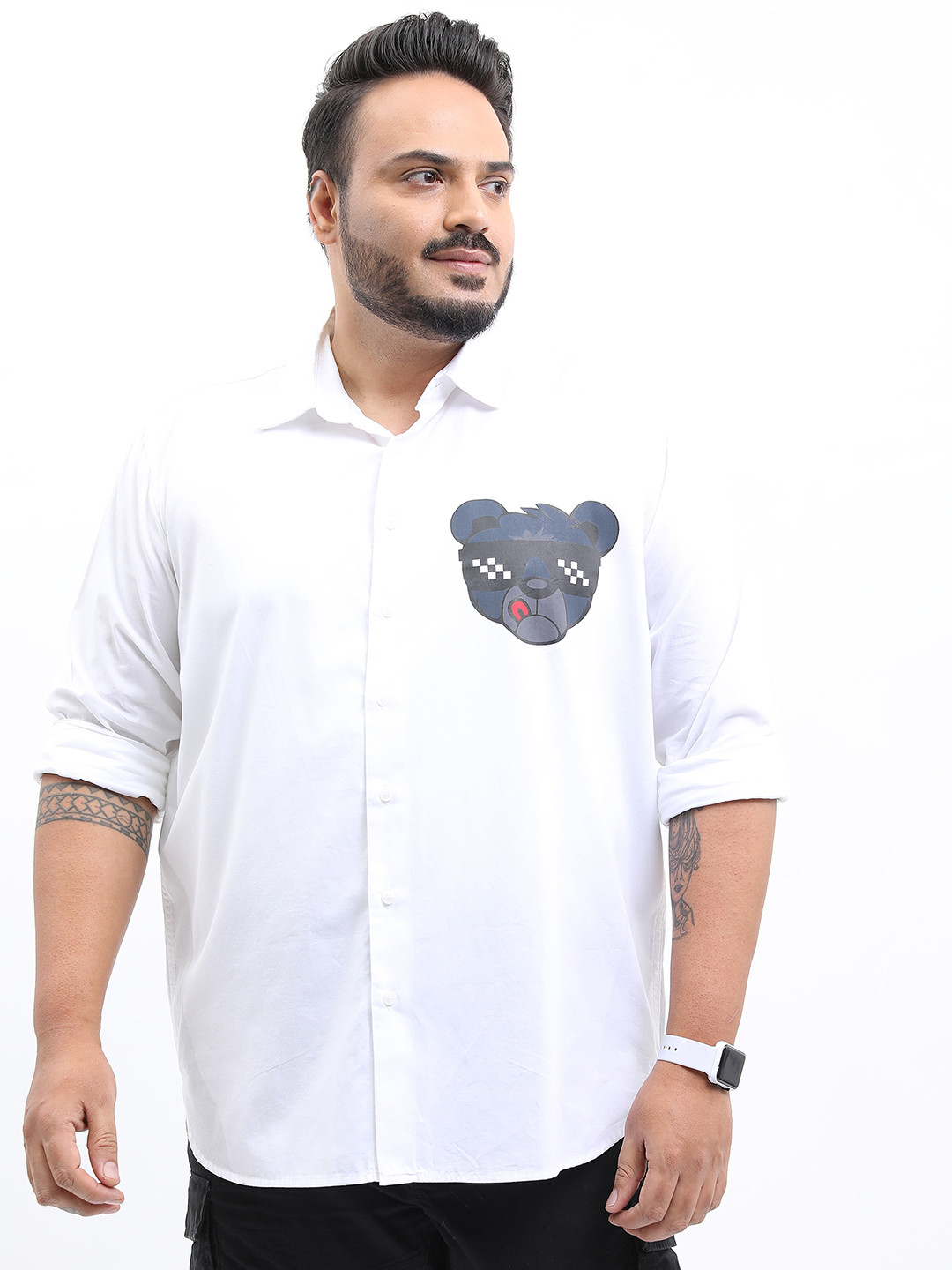 

HIGHLANDER Men Plus Size Slim Fit Printed Casual Cotton Shirt, White