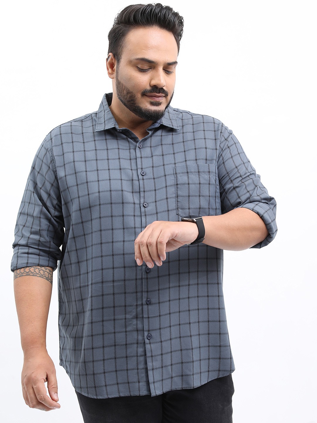 

HIGHLANDER Men Plus Size Slim Fit Checked Casual Cotton Shirt, Grey
