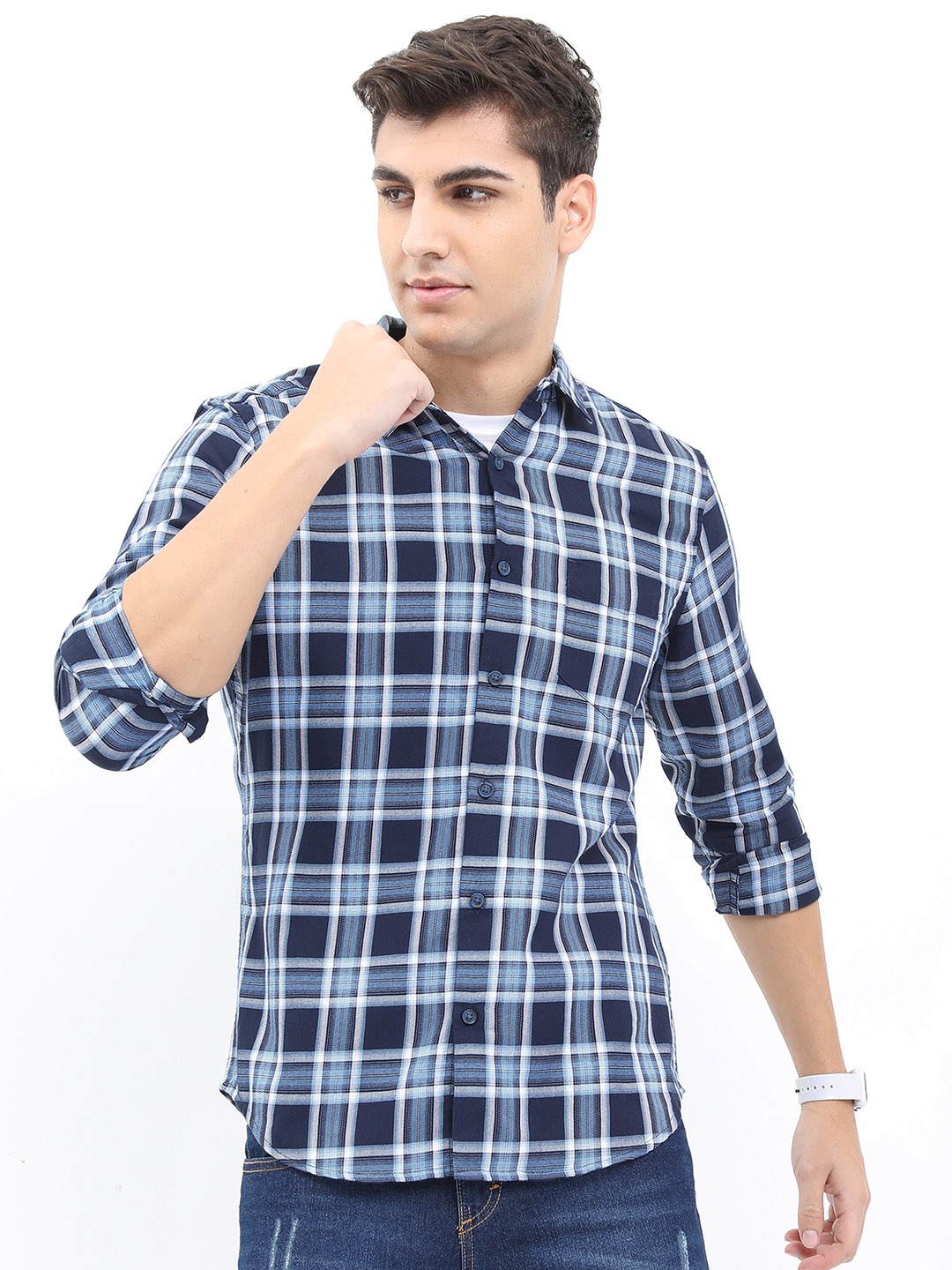 

HIGHLANDER Men Slim Fit Tartan Checks Casual Cotton Shirt, Navy blue