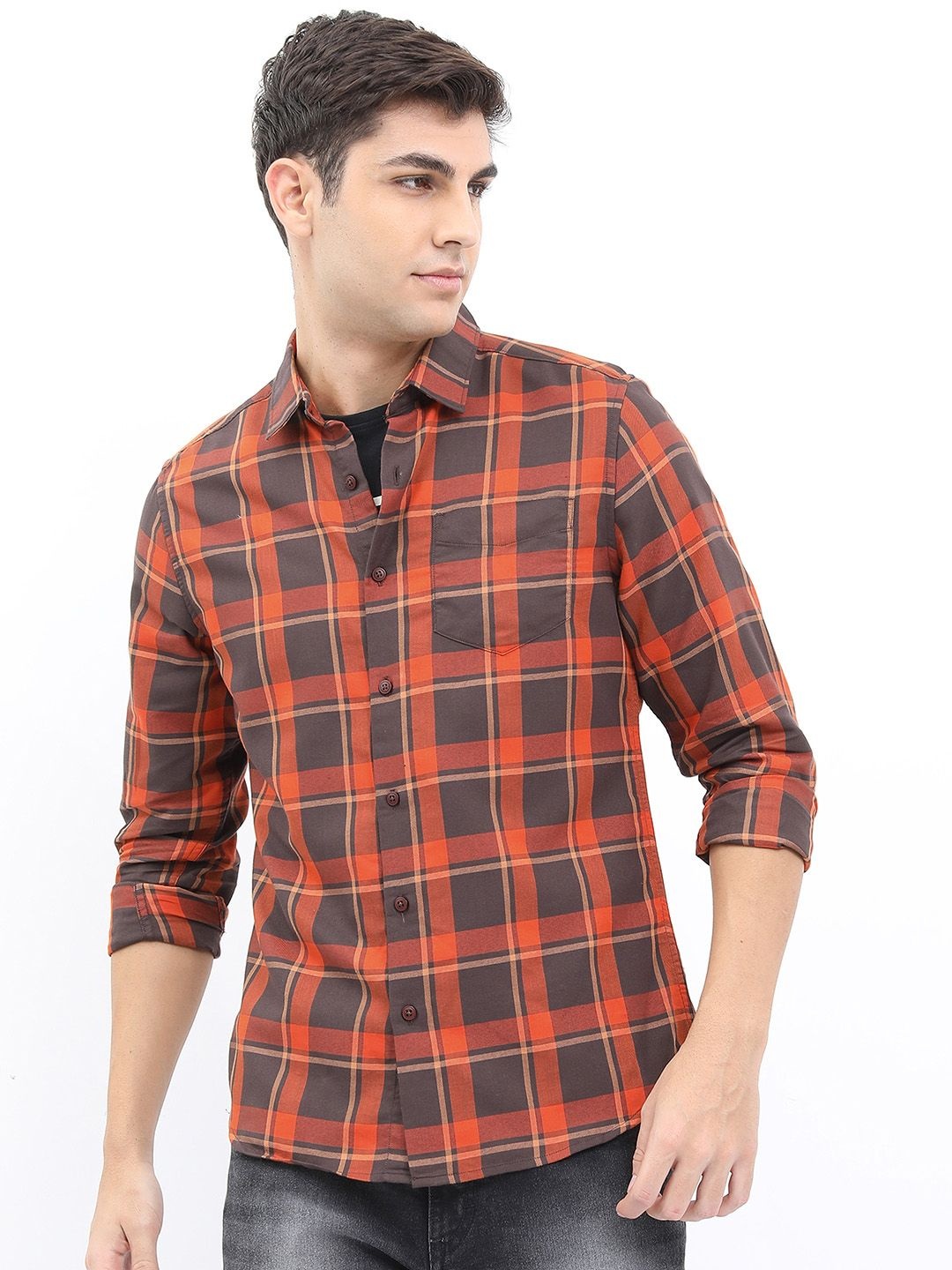 

HIGHLANDER Men Slim Fit Checked Casual Shirt, Orange