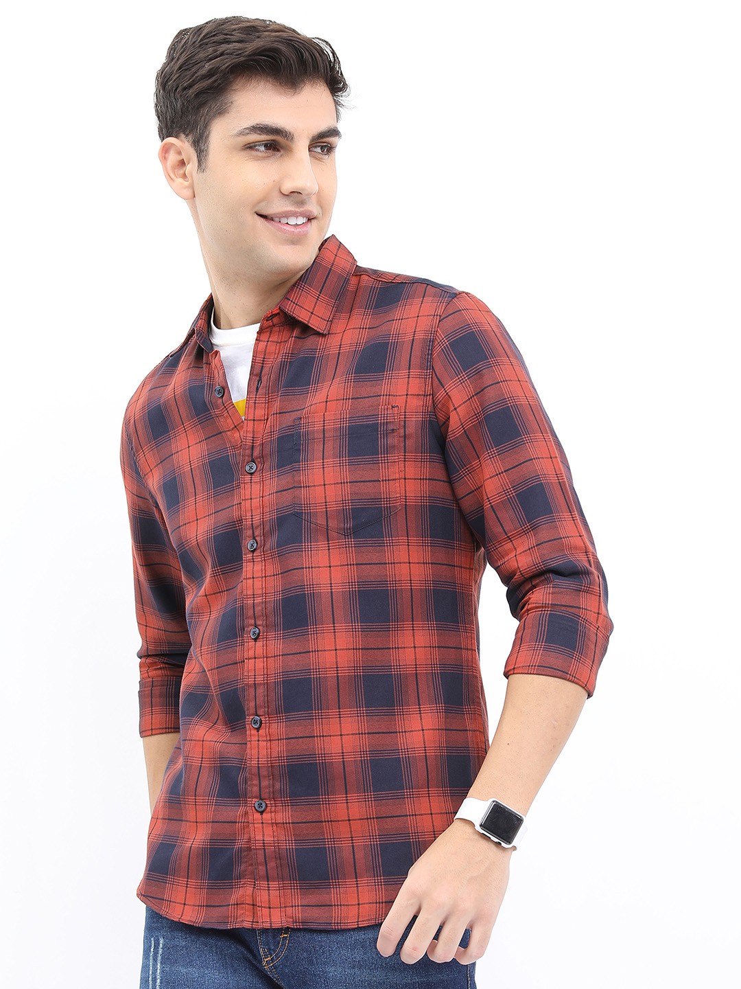 

HIGHLANDER Men Slim Fit Checked Casual Shirt, Rust