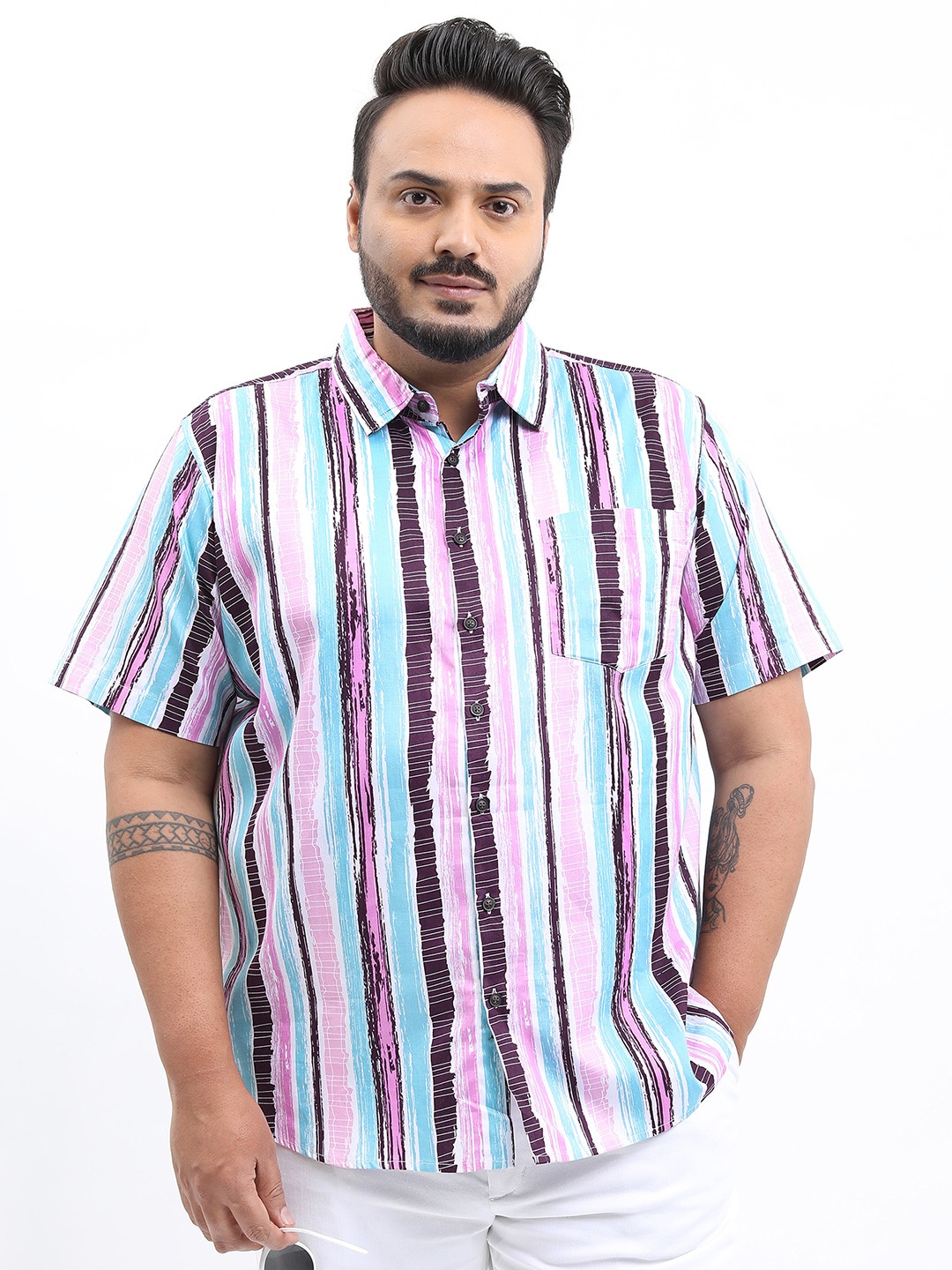 

HIGHLANDER Men Plus Size Slim Fit Striped Casual Cotton Shirt, Purple