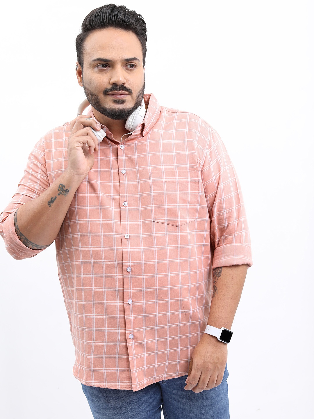 

HIGHLANDER Men Plus size Regular Fit Checked Casual Shirt, Peach
