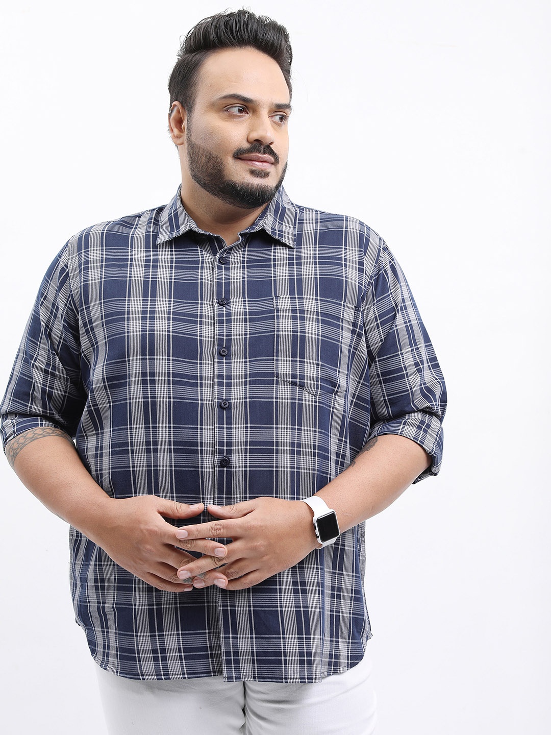 

HIGHLANDER Men Plus Size Slim Fit Tartan Checks Casual Shirt, Navy blue