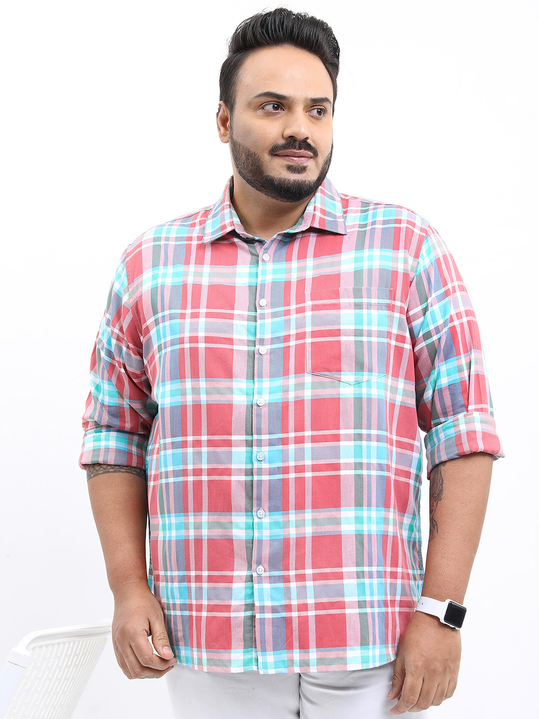 

HIGHLANDER Men Plus Size Slim Fit Tartan Checks Casual Shirt, Pink