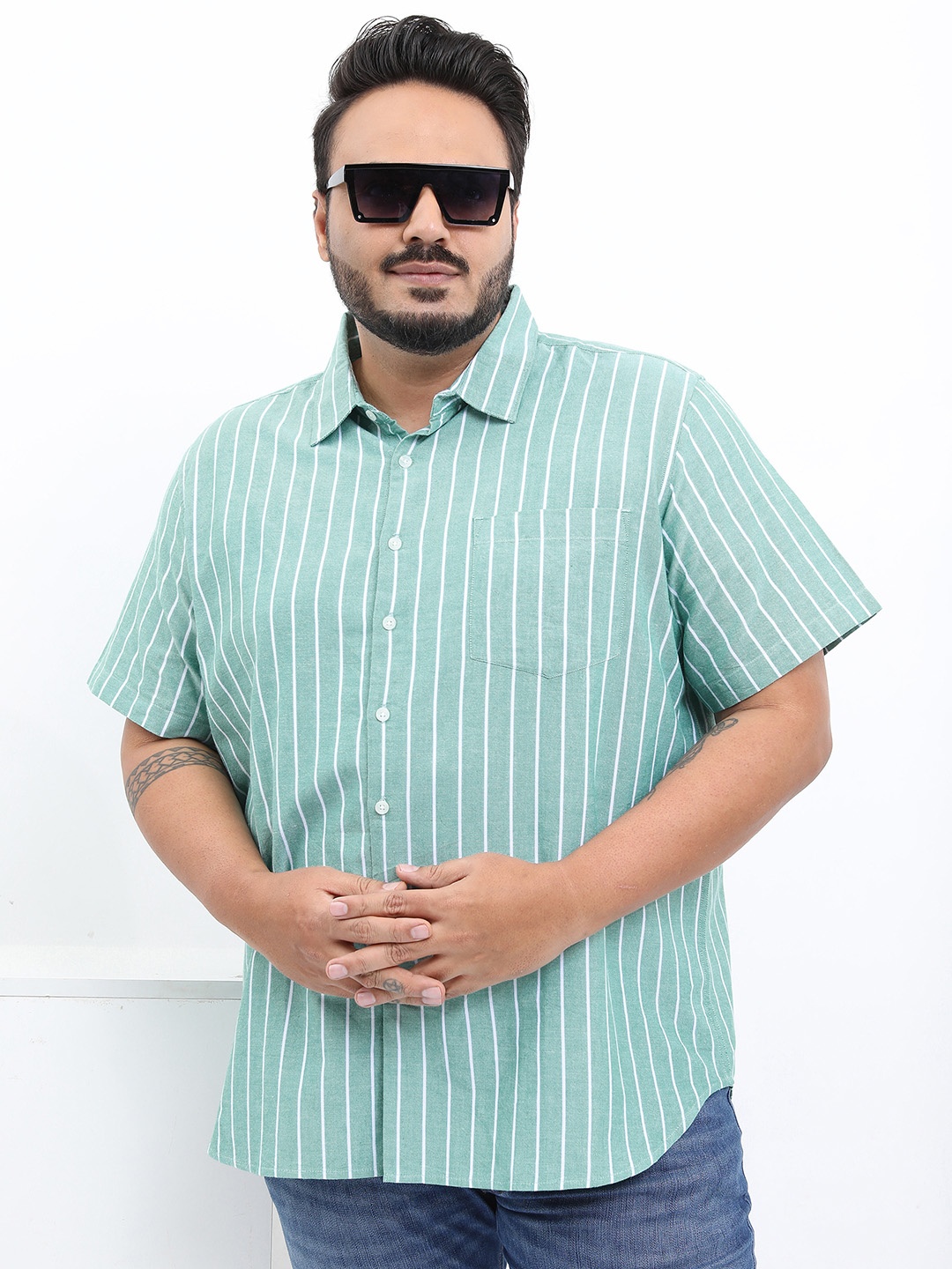 

HIGHLANDER Men Plus Size Slim Fit Striped Cotton Casual Shirt, Green
