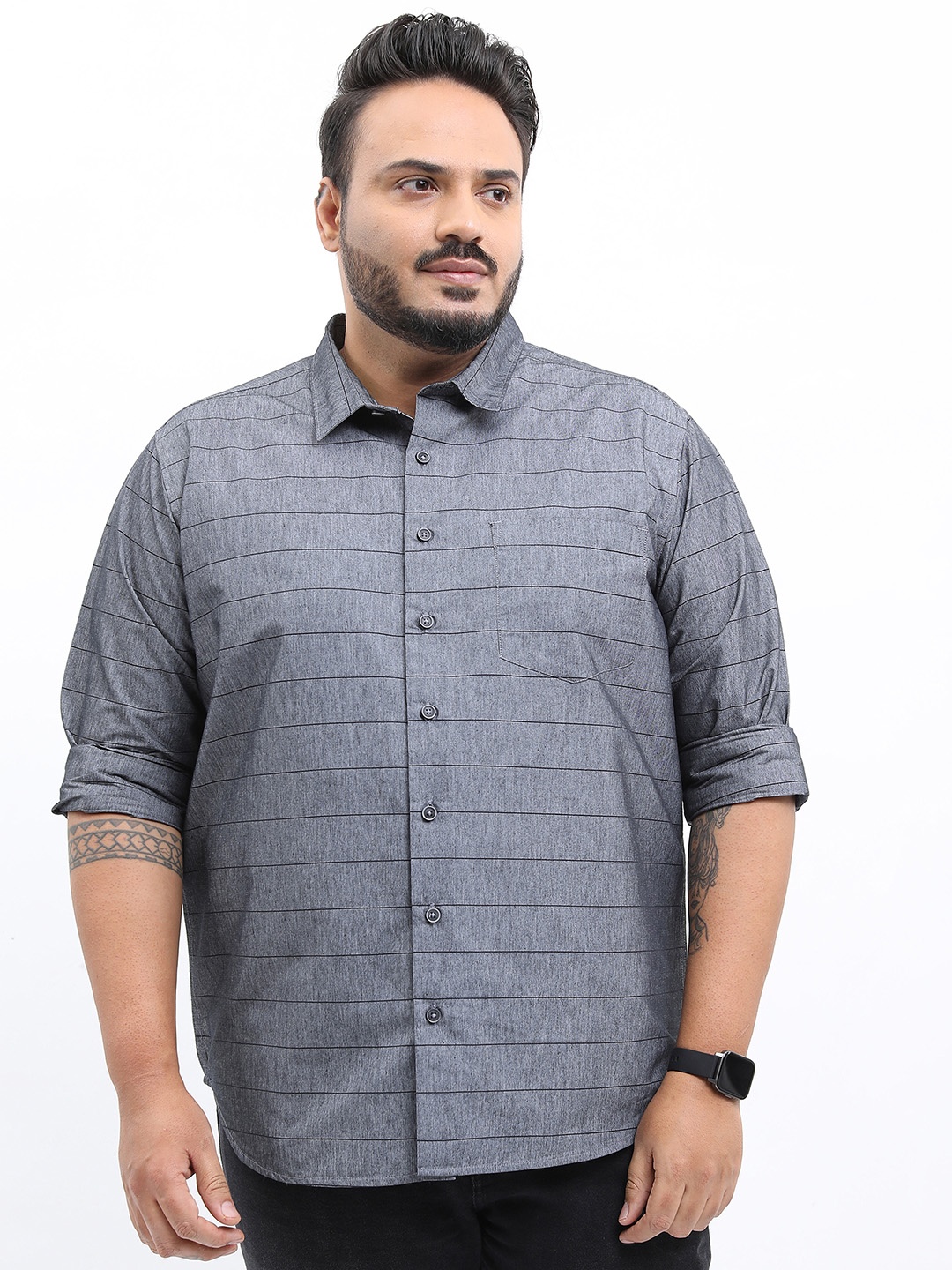 

HIGHLANDER Men Plus Size Striped Slim Fit Casual Shirt, Grey