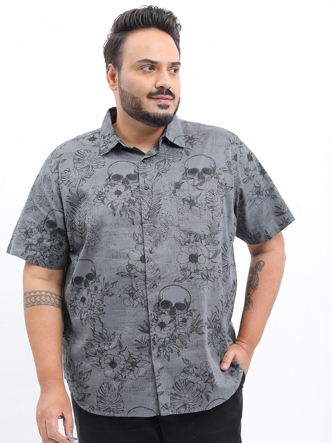

HIGHLANDER Men Plus Size Slim Fit Floral Printed Casual Cotton Shirt, Grey