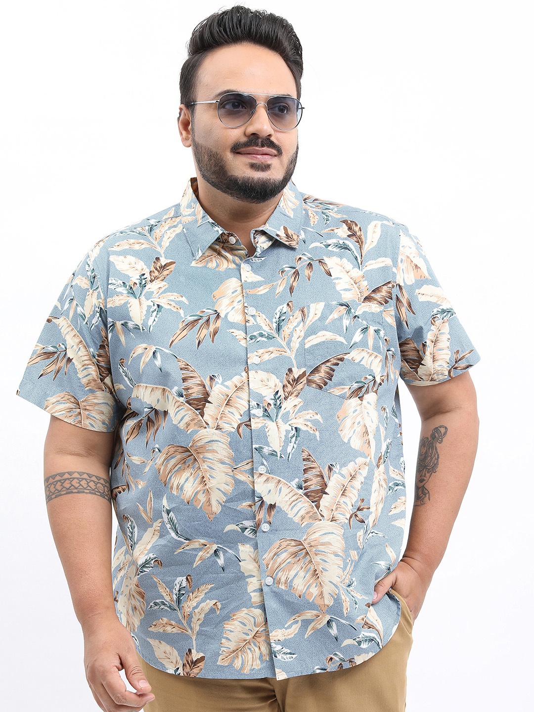 

HIGHLANDER Plus Size Men Slim Fit Printed Casual Cotton Shirt, Blue