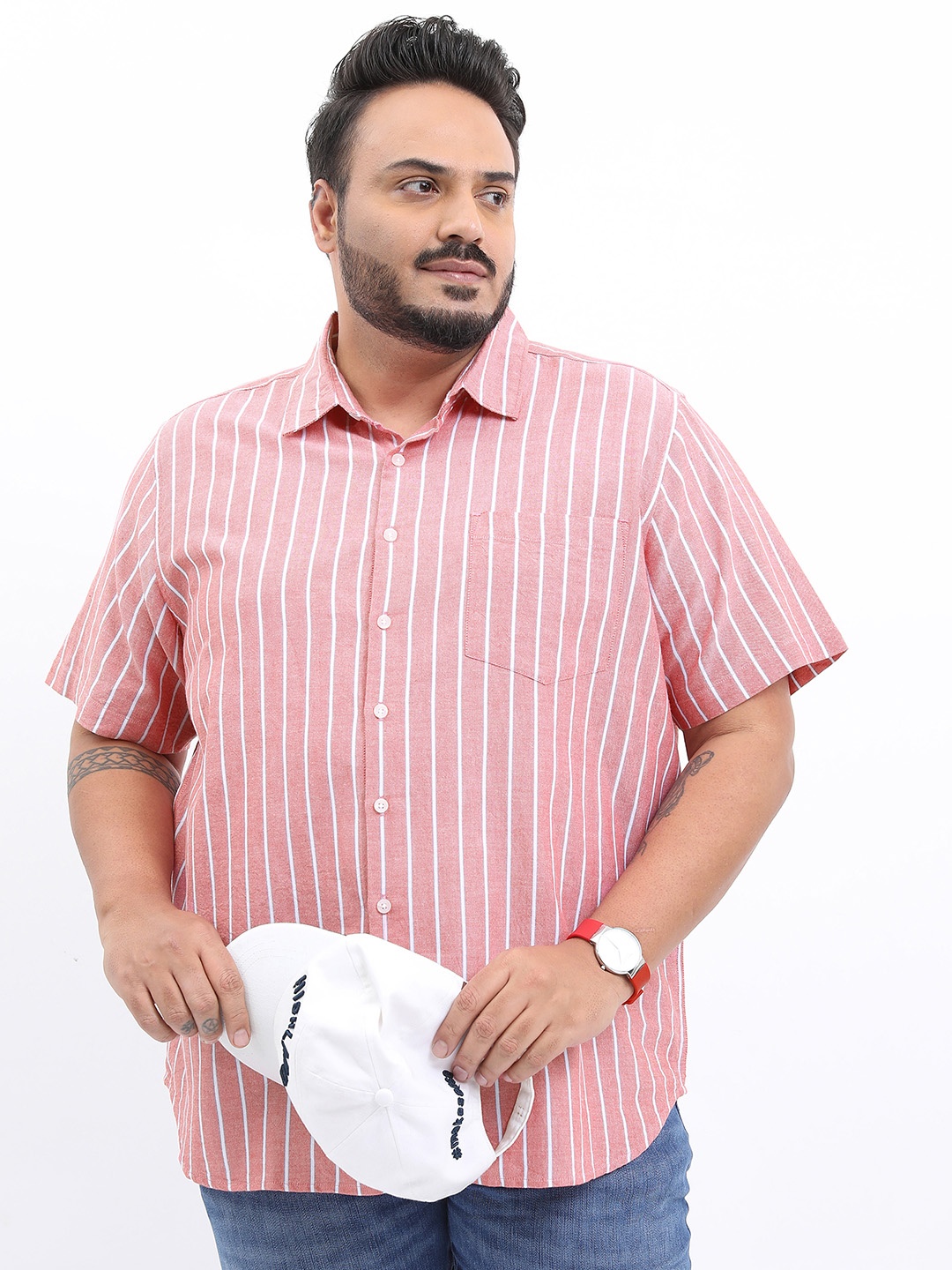 HIGHLANDER Men Plus Size Cotton Slim Fit Striped Casual Shirt, Pink