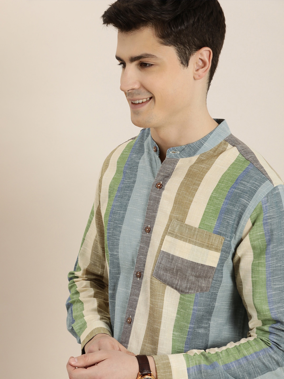 

Taavi Striped Pure Cotton Casual Shirt, Beige