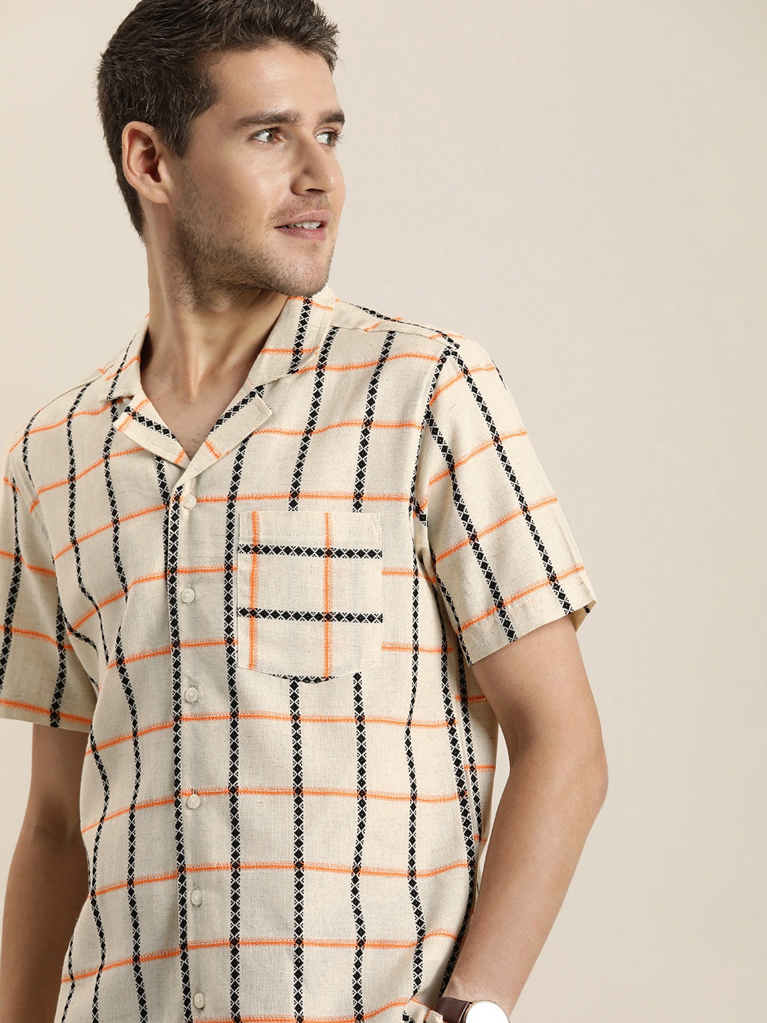 

Taavi Woven Legacy Checked Cuban Collar Shirt, Beige