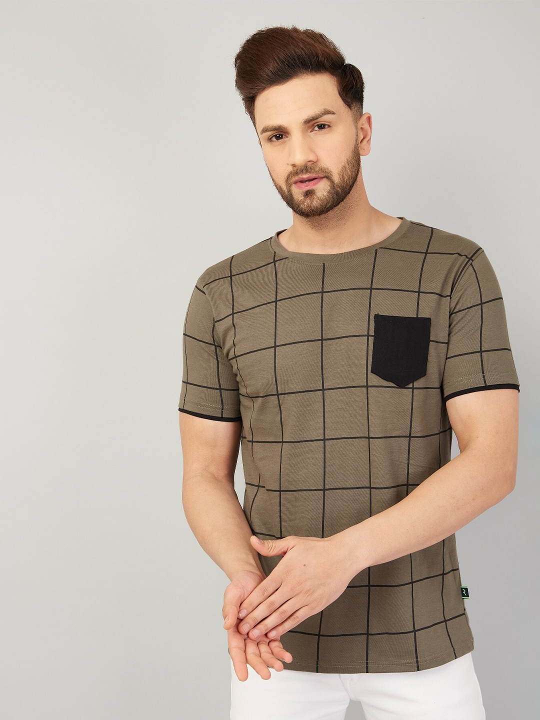 

Rodzen Men Checked Pure Cotton T-shirt, Olive