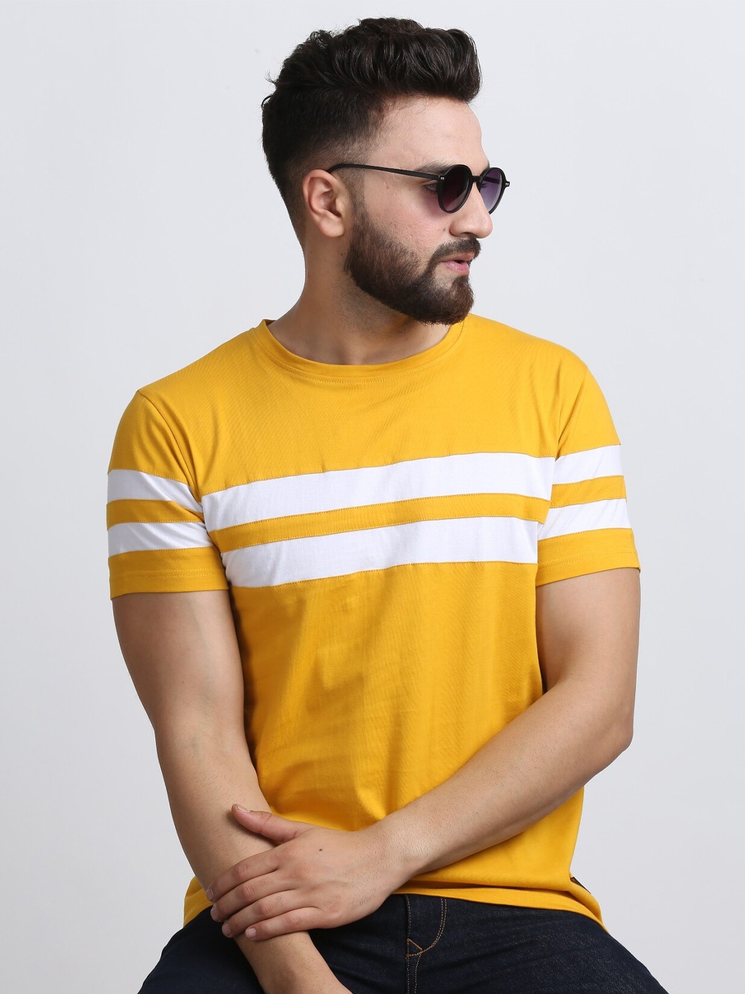 

Rodzen Men Striped Pure Cotton T-shirt, Mustard