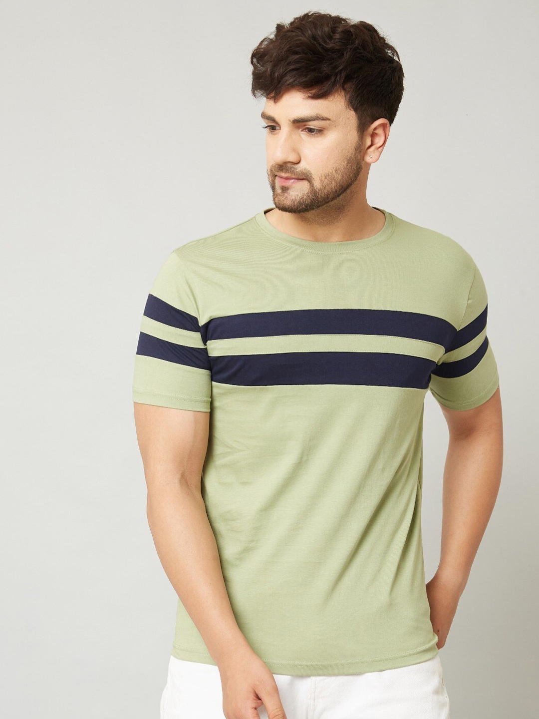 

Rodzen Men Striped Pure Cotton T-shirt, Green