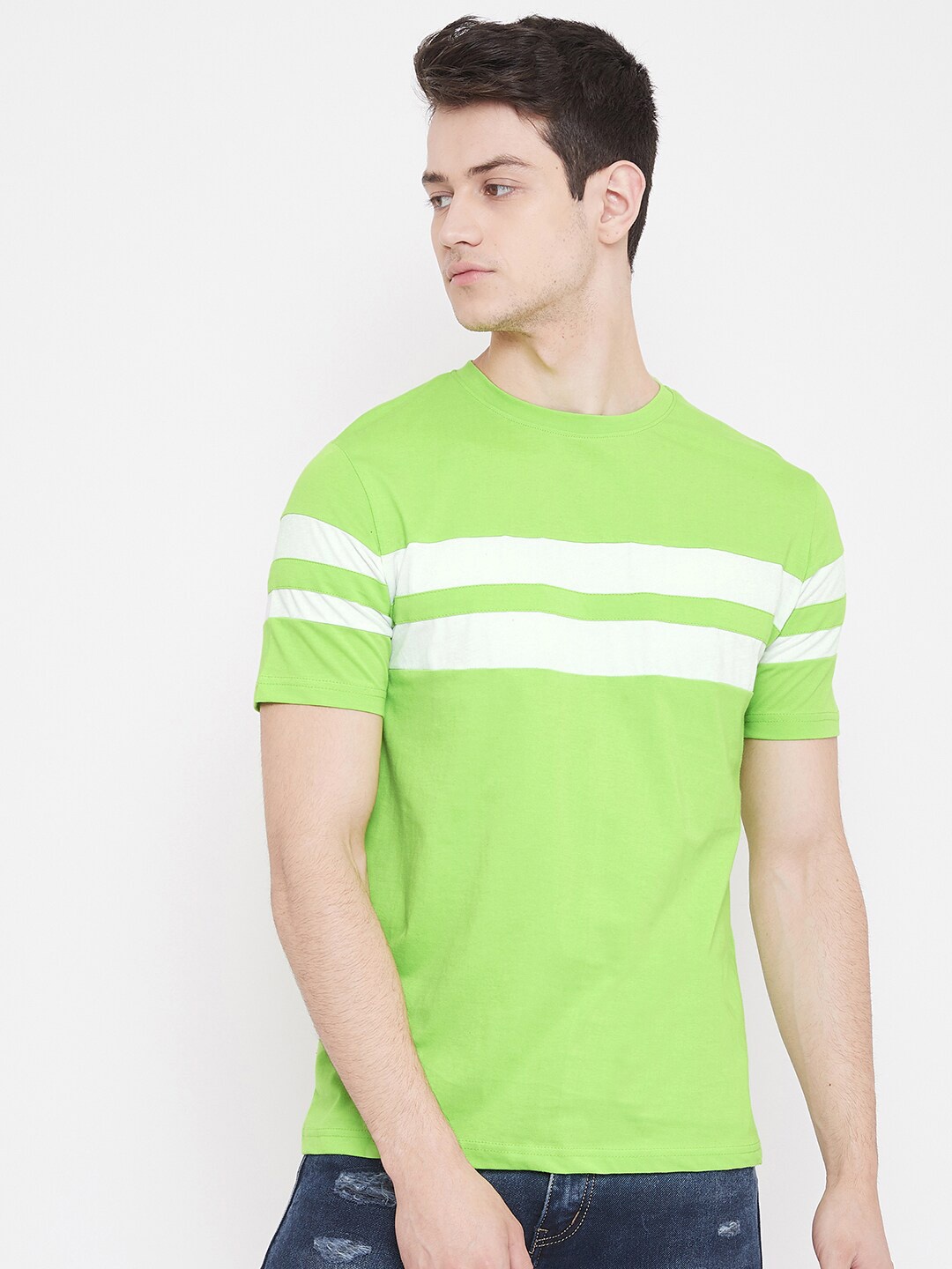 

Rodzen Men Striped Pure Cotton T-shirt, Green