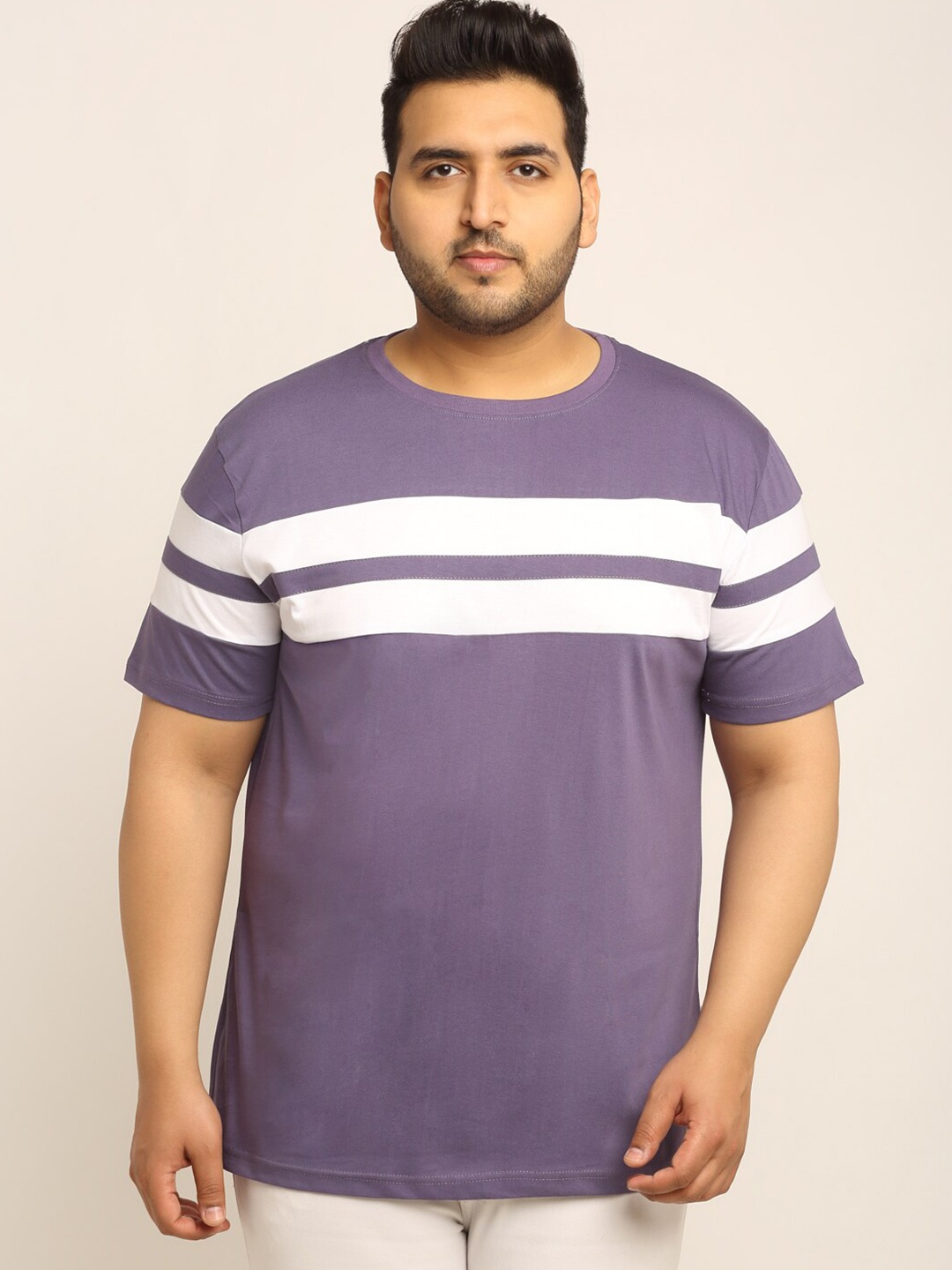 

Rodzen Men Plus Size Striped Pure Cotton T-shirt, Purple