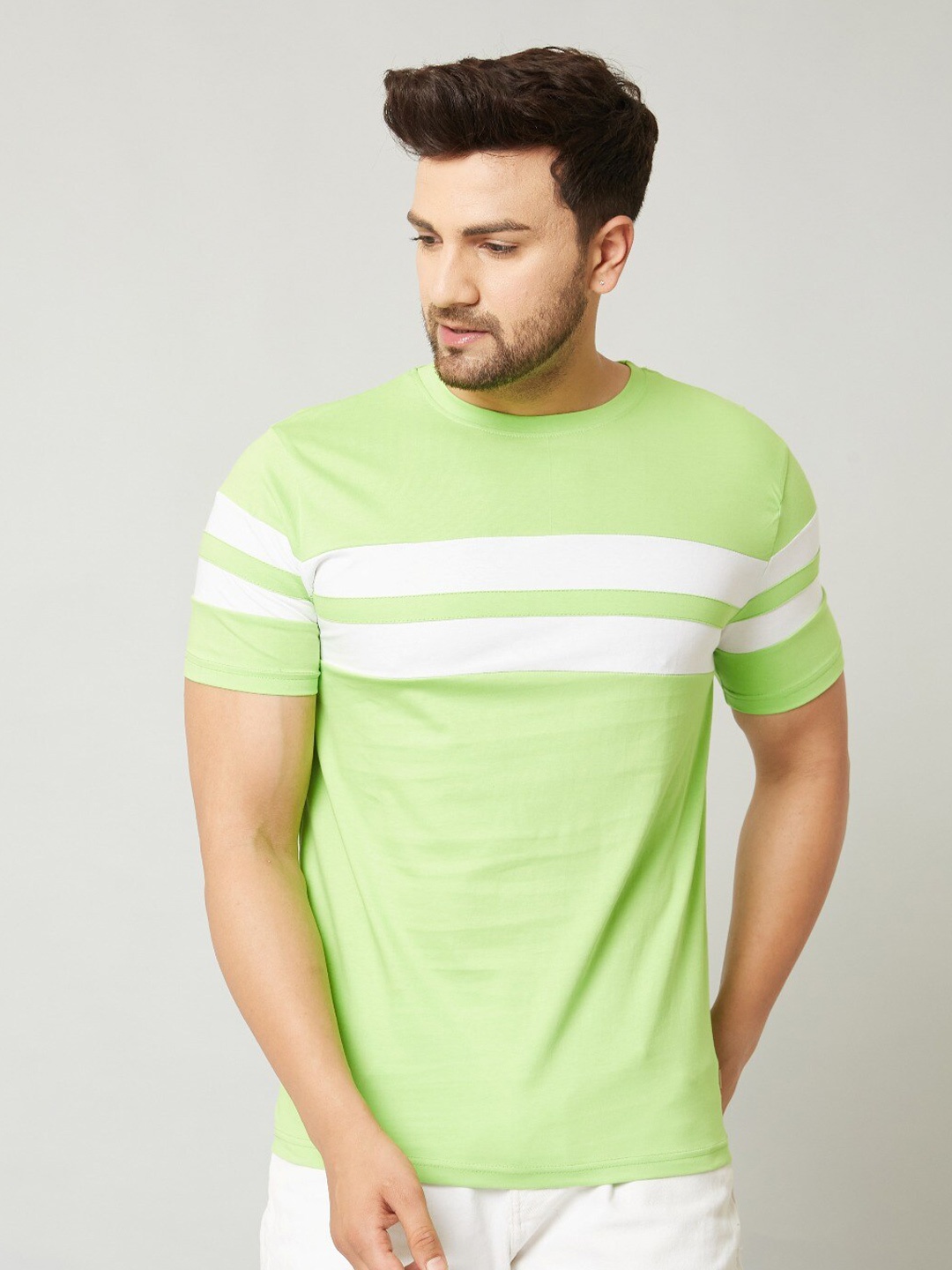 

Rodzen Men Striped Pure Cotton T-shirt, Green