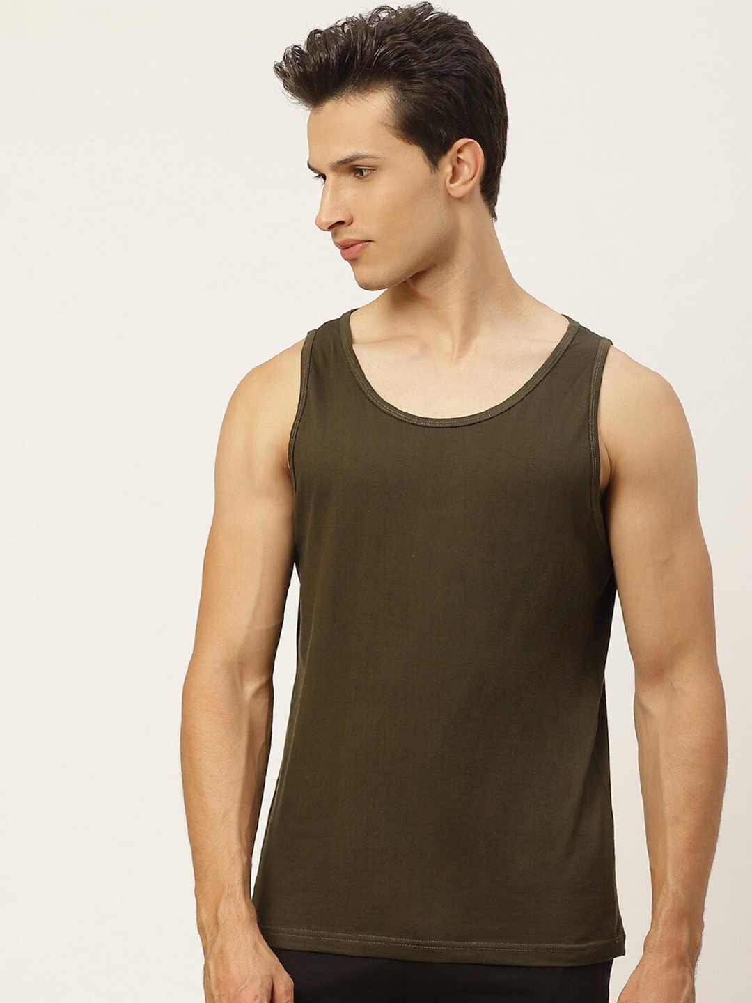 

Rodzen Men Round Neck Sleeveless Pure Cotton T-shirt, Olive