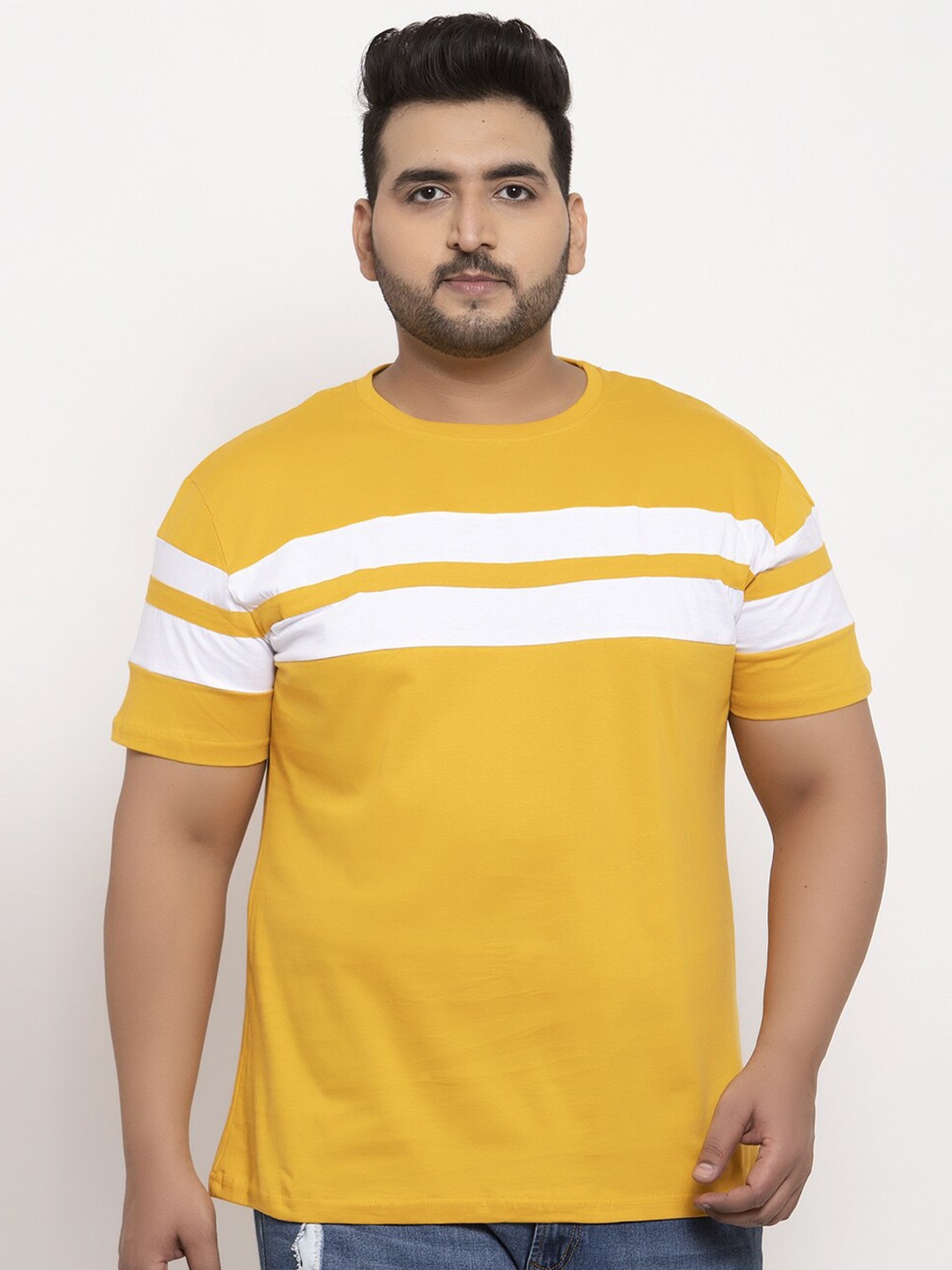 

Rodzen Men Plus Size Colourblocked Pure Cotton T-shirt, Mustard