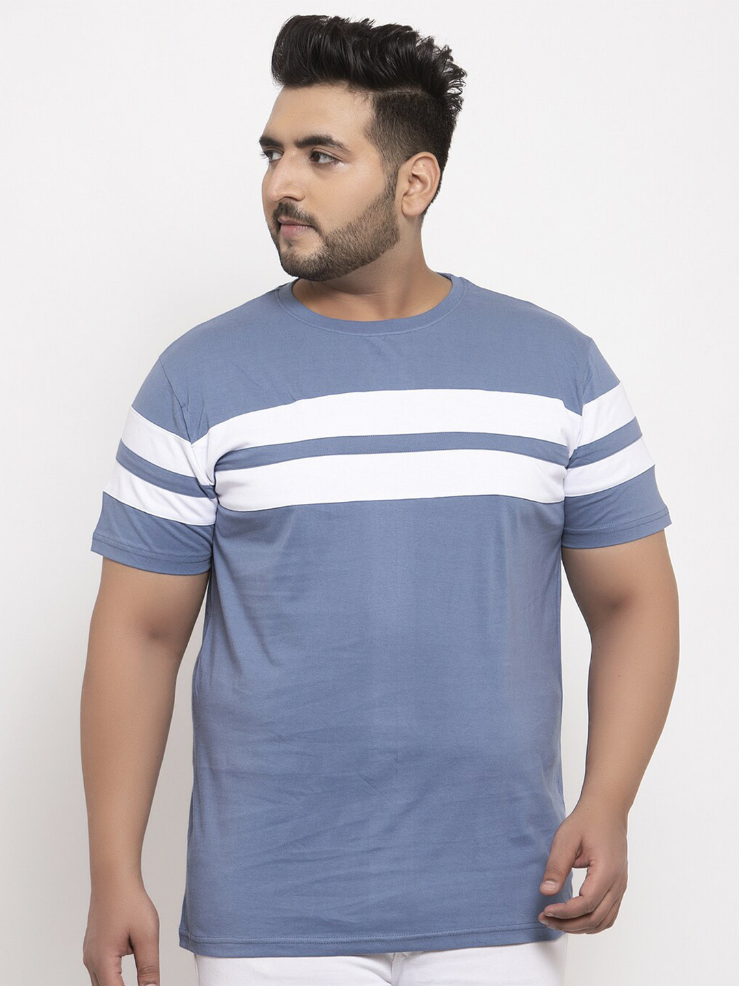 

Rodzen Men Plus Size Colourblocked Pure Cotton T-shirt, Blue