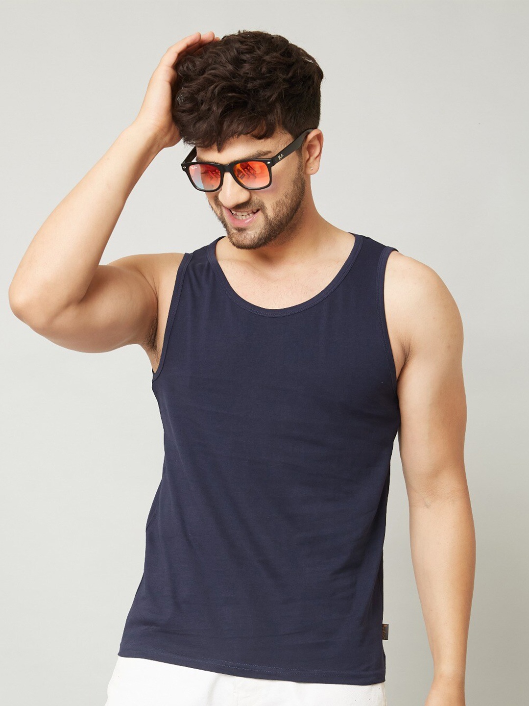 

Rodzen Men Sleeveless Pure Cotton T-shirt, Navy blue