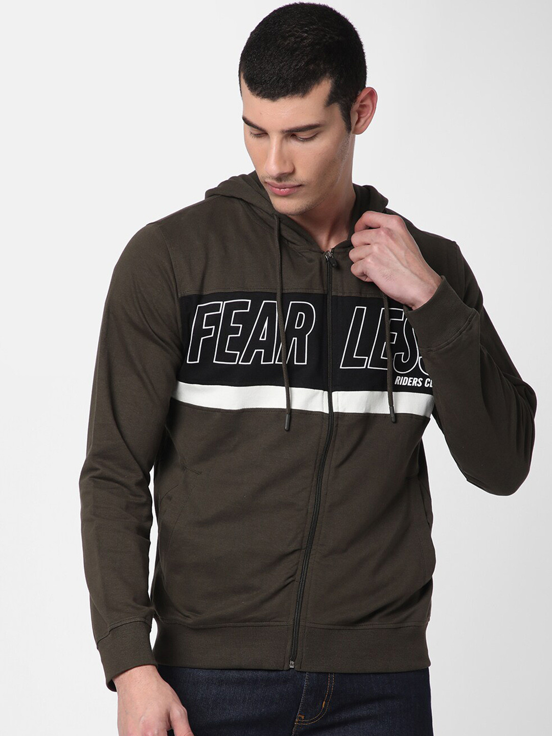 

R&B Men Olive Green Printed Cotton Hooded Sweatshirt