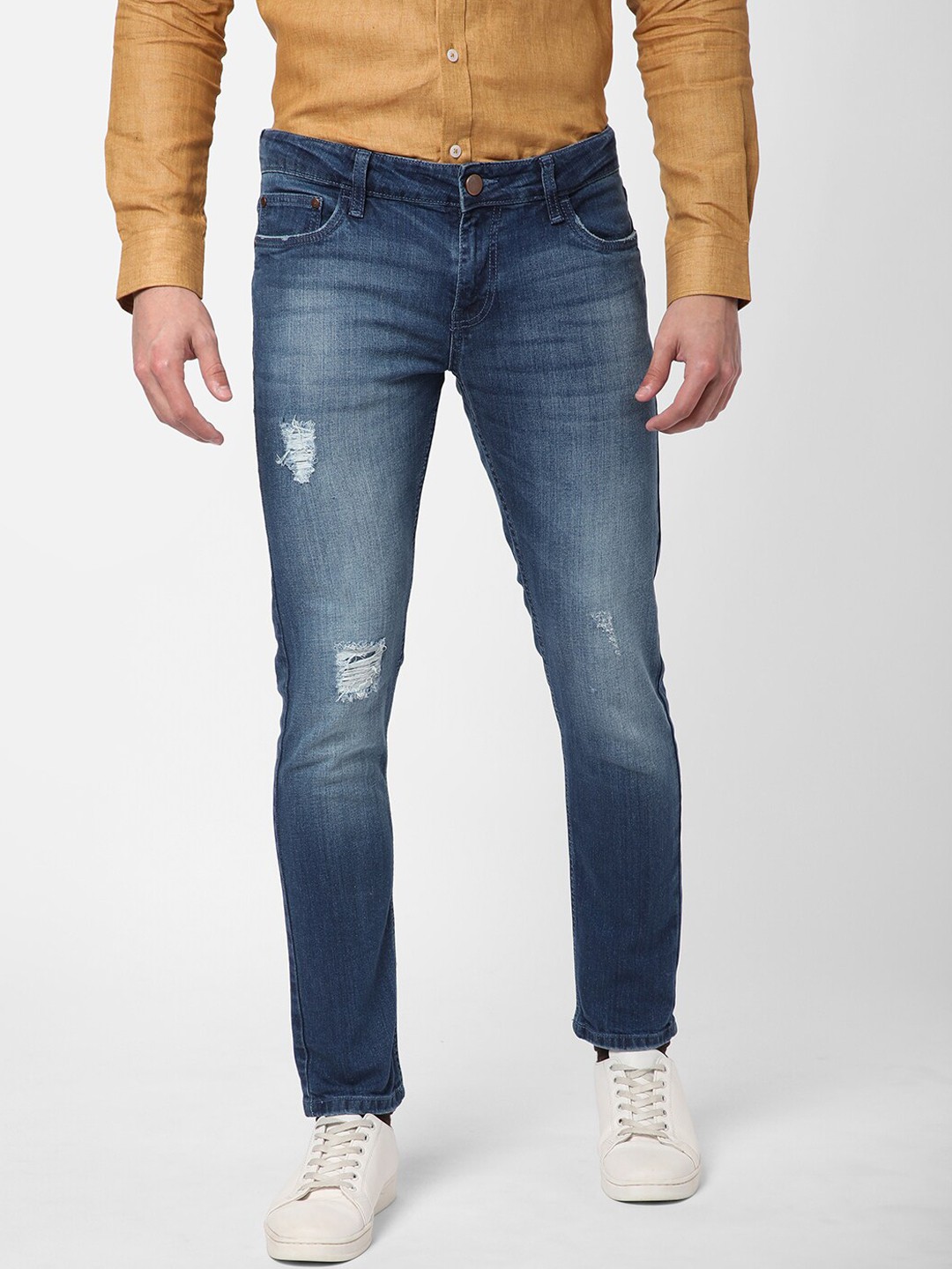 

R&B Men Blue Slim Fit Low Distress Light Fade Jeans