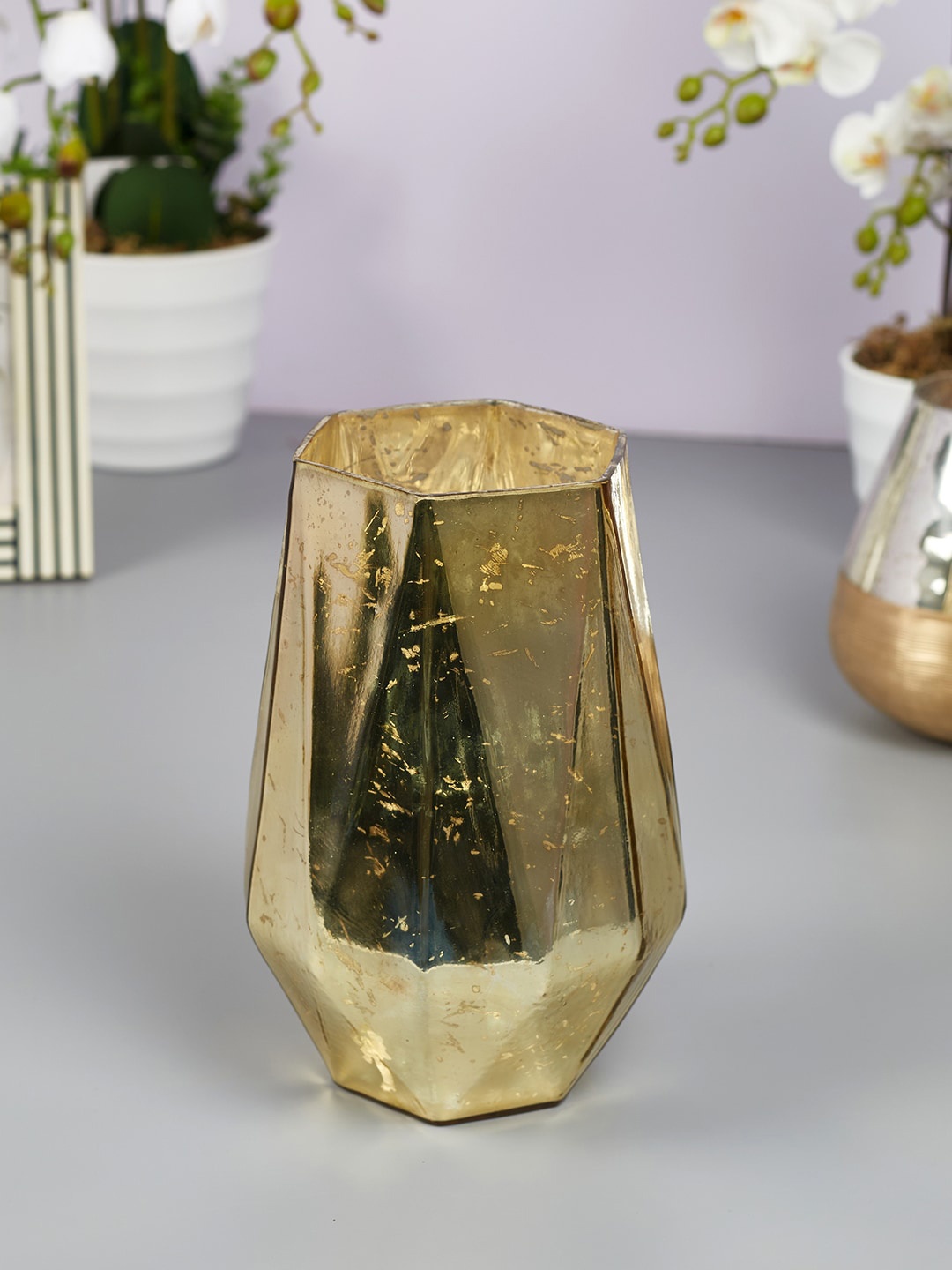 

HomeTown Gold-Toned Phiona Glass Hexa Handcrafted Votive Mercury Vase