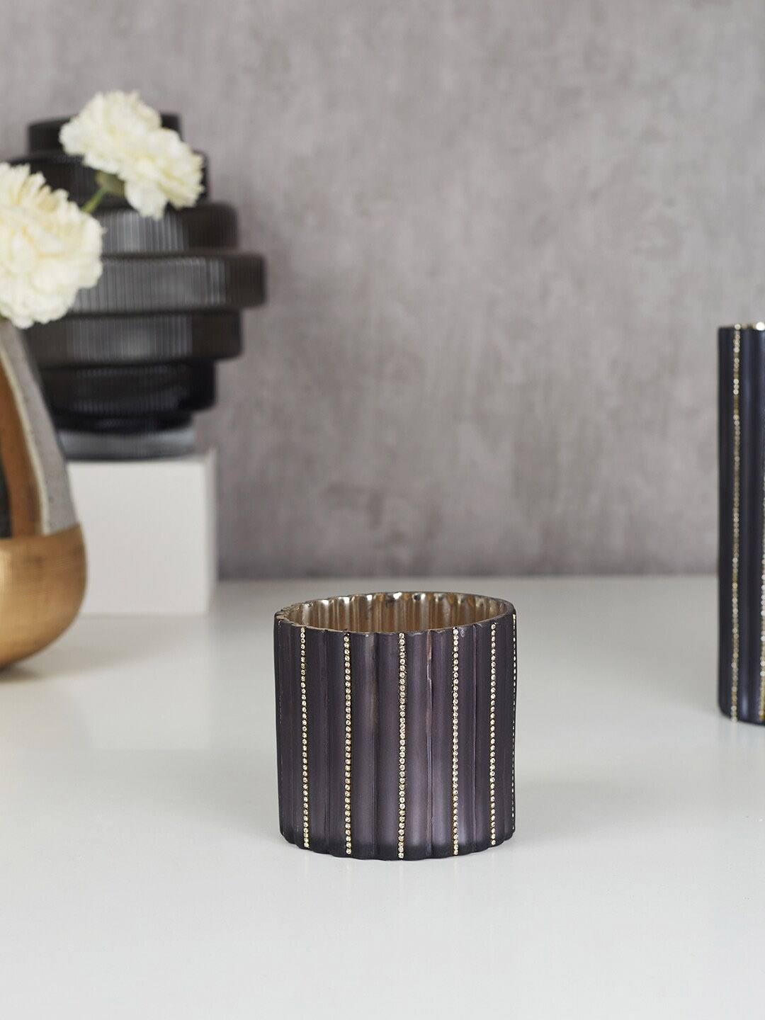 

HomeTown Phiona Grey Textured Glass Diamond Stud Votive Candle Holders