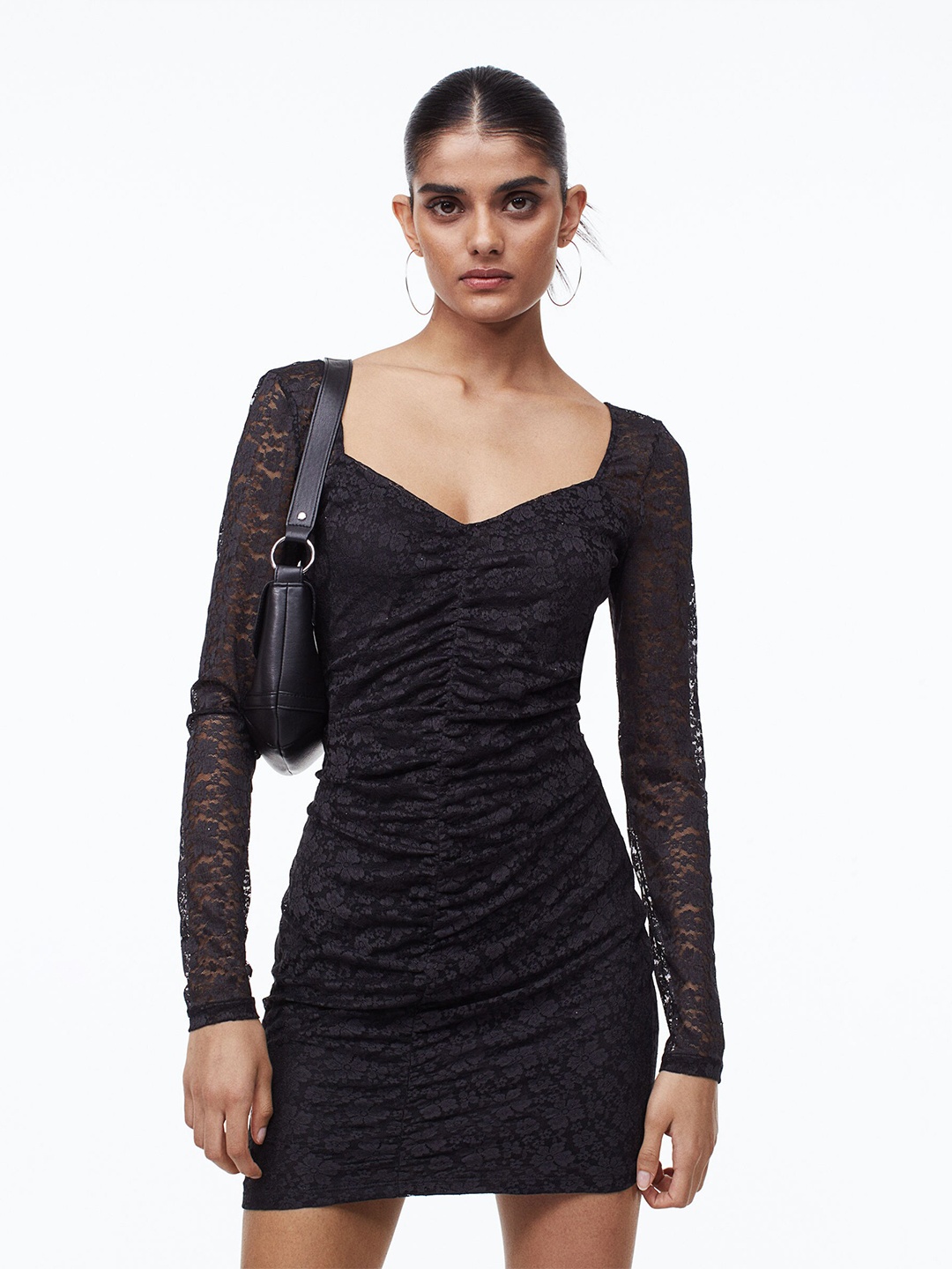 

H&M Gathered Lace Dress, Black