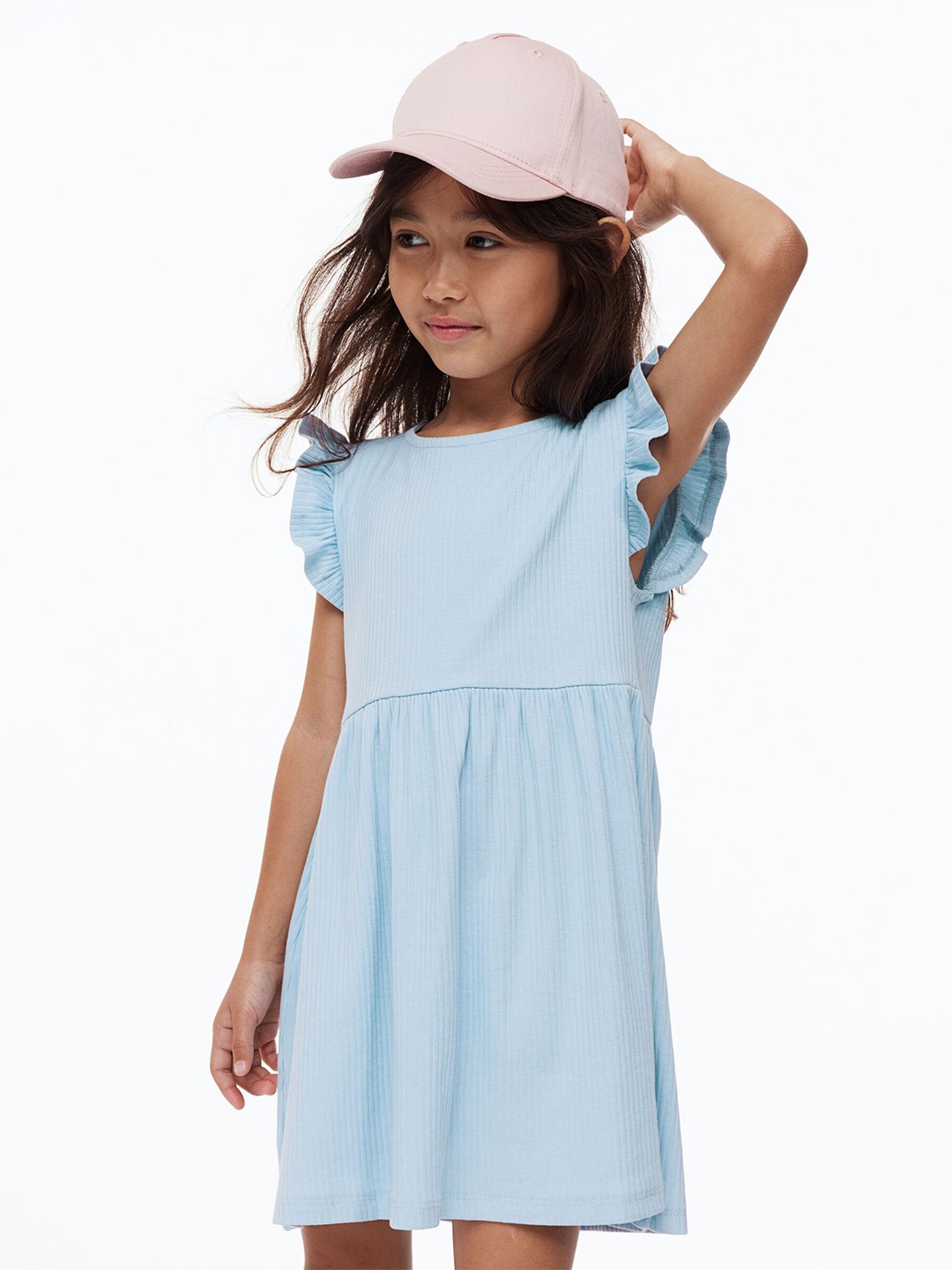 

H&M Girls Flutter-Sleeved Ribbed dress, Blue