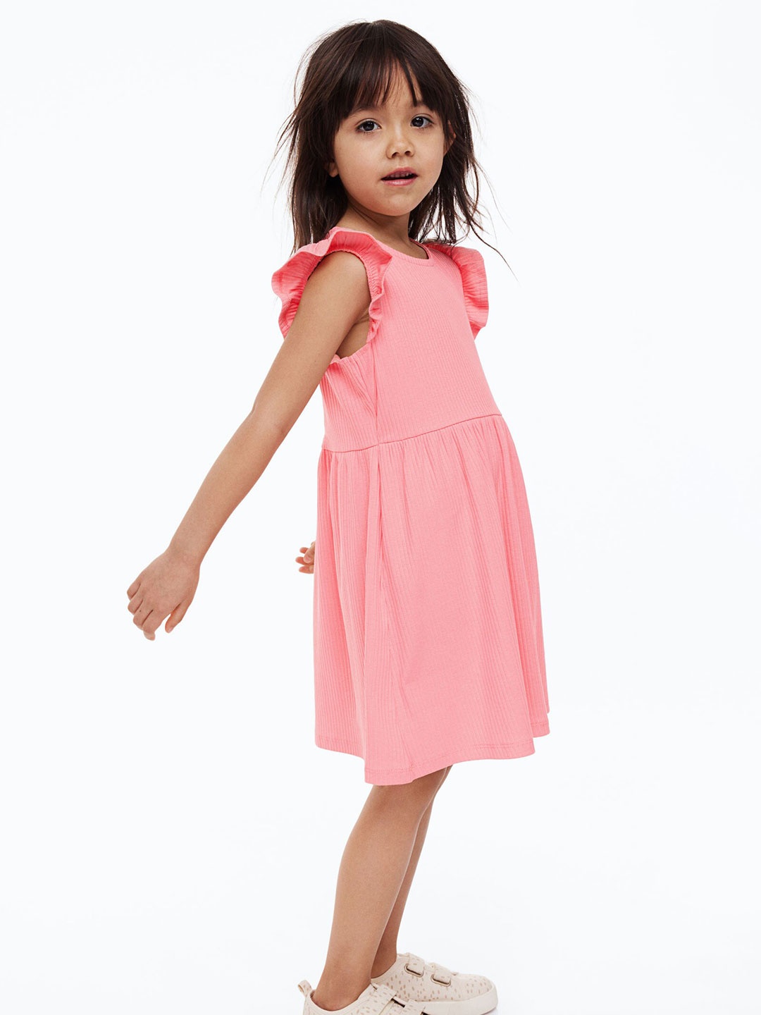 

H&M Girls Flutter-Sleeved Ribbed Dress, Pink