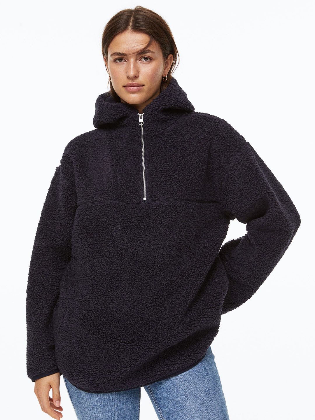 

H&M Women Zip-Top Teddy Hoodie, Navy blue