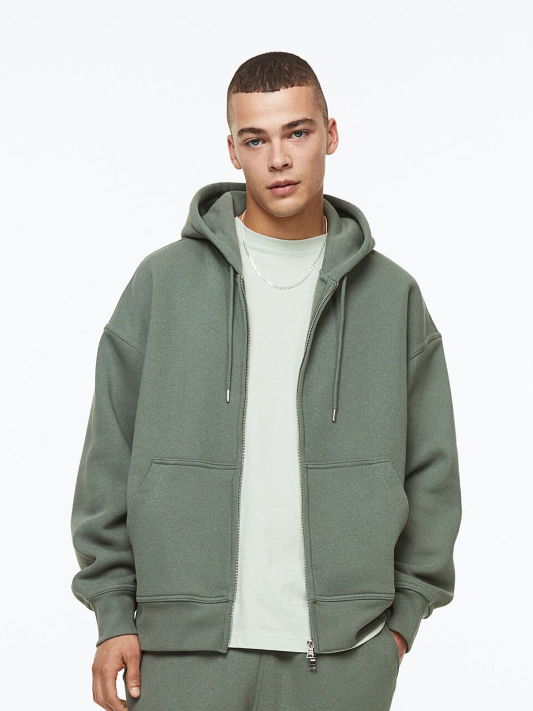 

H&M Men Oversized Fit Zip-Through Hoodie, Olive