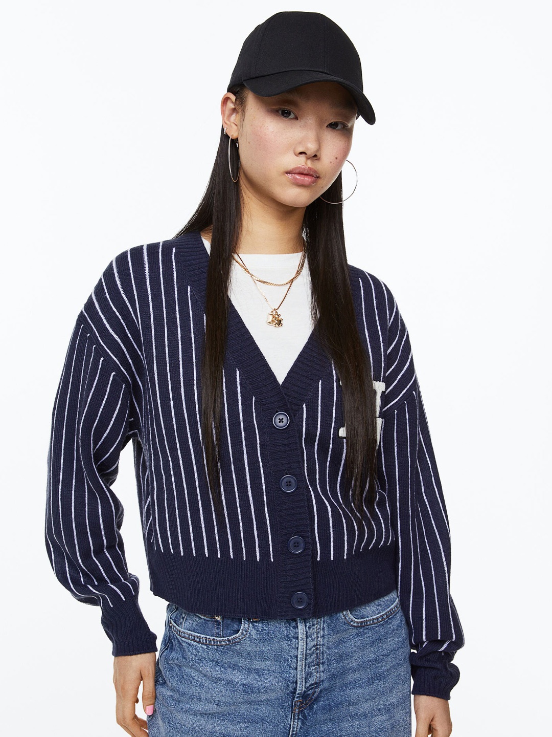 

H&M Women Stripped Acrylic Cardigan, Blue