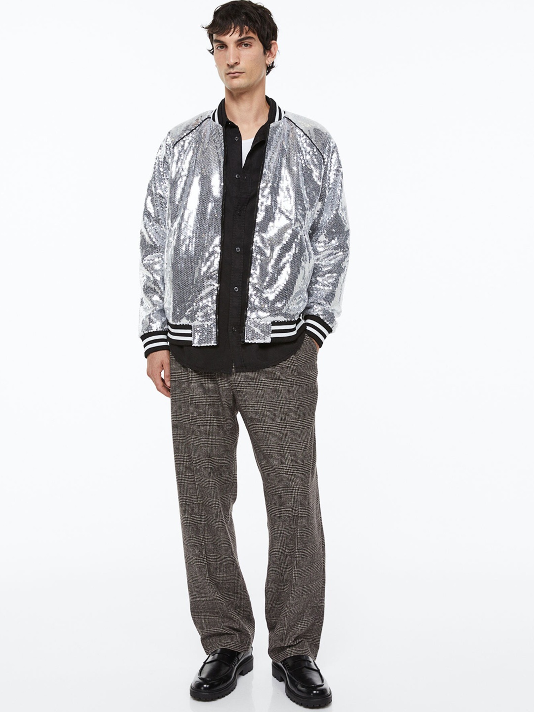 

H&M Men Sequined Bomber Jacket, Grey