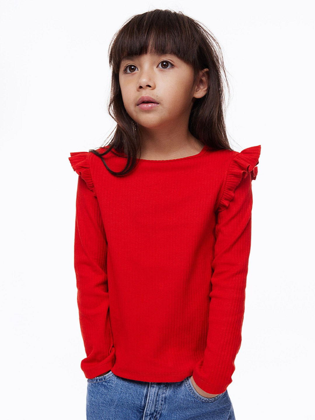 

H&M Girls Flounce-Trimmed Ribbed Top, Red