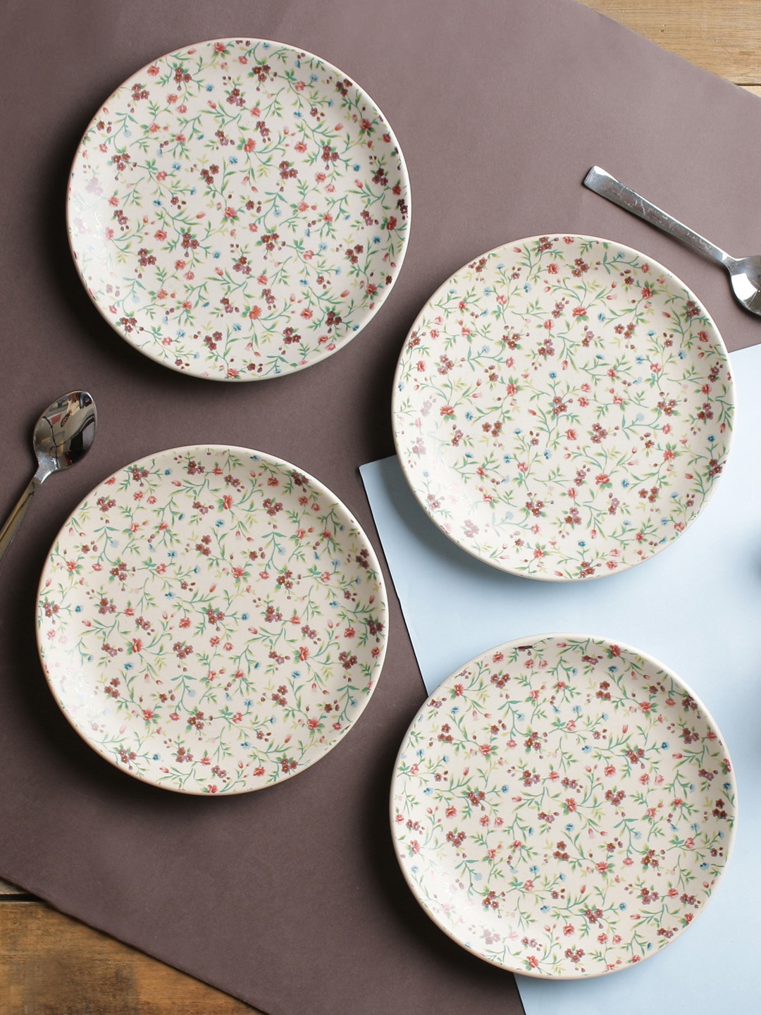 

MIAH Decor Set of 4 Off-White & Maroon Floral Handcrafted Ceramic Dinner Plates