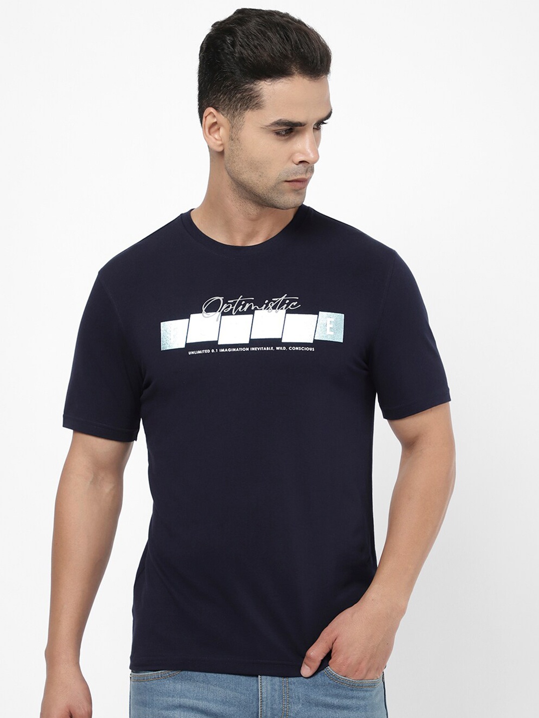

R&B Men Typography Printed Cotton T-shirt, Blue