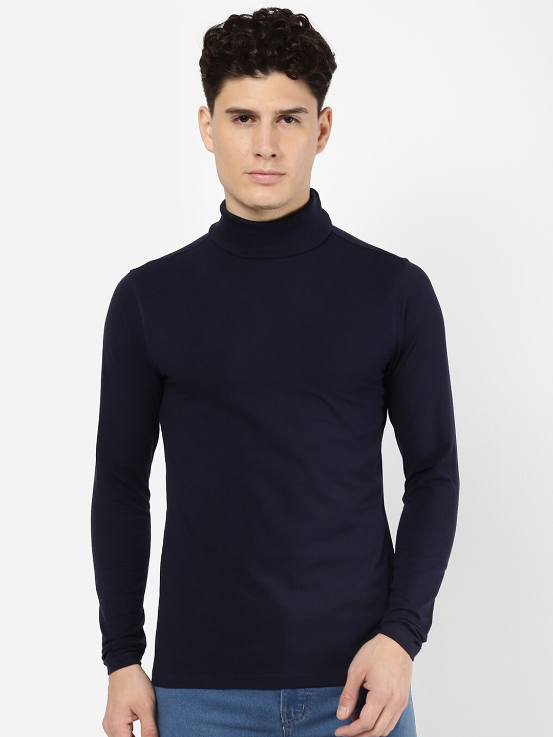 

R&B Men Turtle Neck Slim Fit Cotton T-shirt, Blue