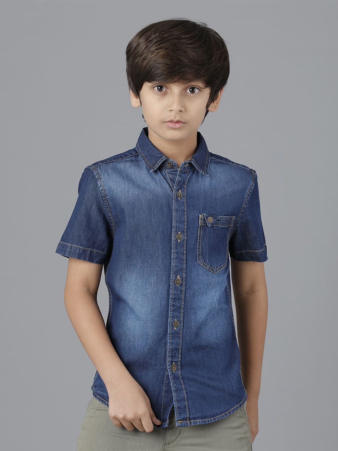 

UNDER FOURTEEN ONLY Boys Faded Casual Cotton Shirt, Navy blue