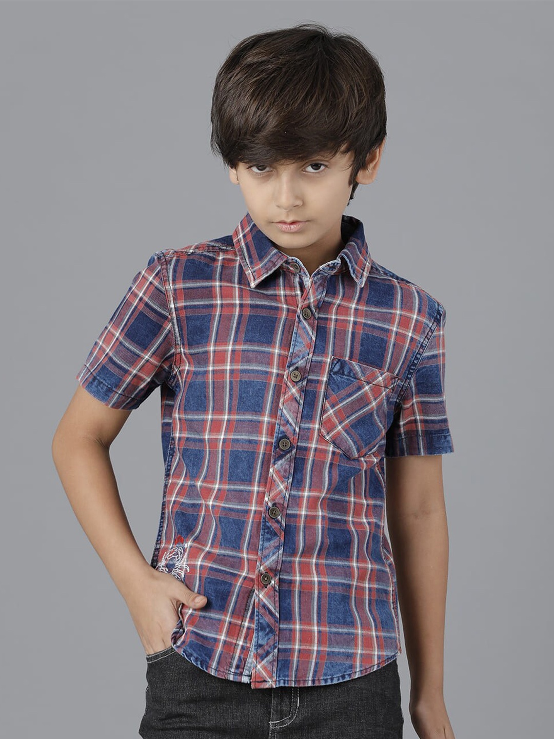 

UNDER FOURTEEN ONLY Boys Tartan Checks Checked Casual Shirt, Navy blue