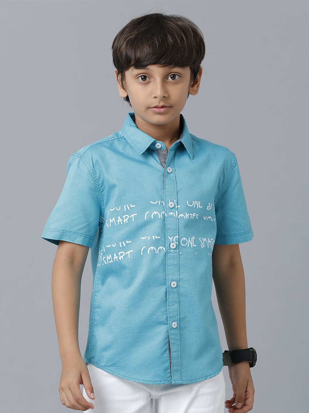 

UNDER FOURTEEN ONLY Boys Printed Cotton Casual Shirt, Turquoise blue