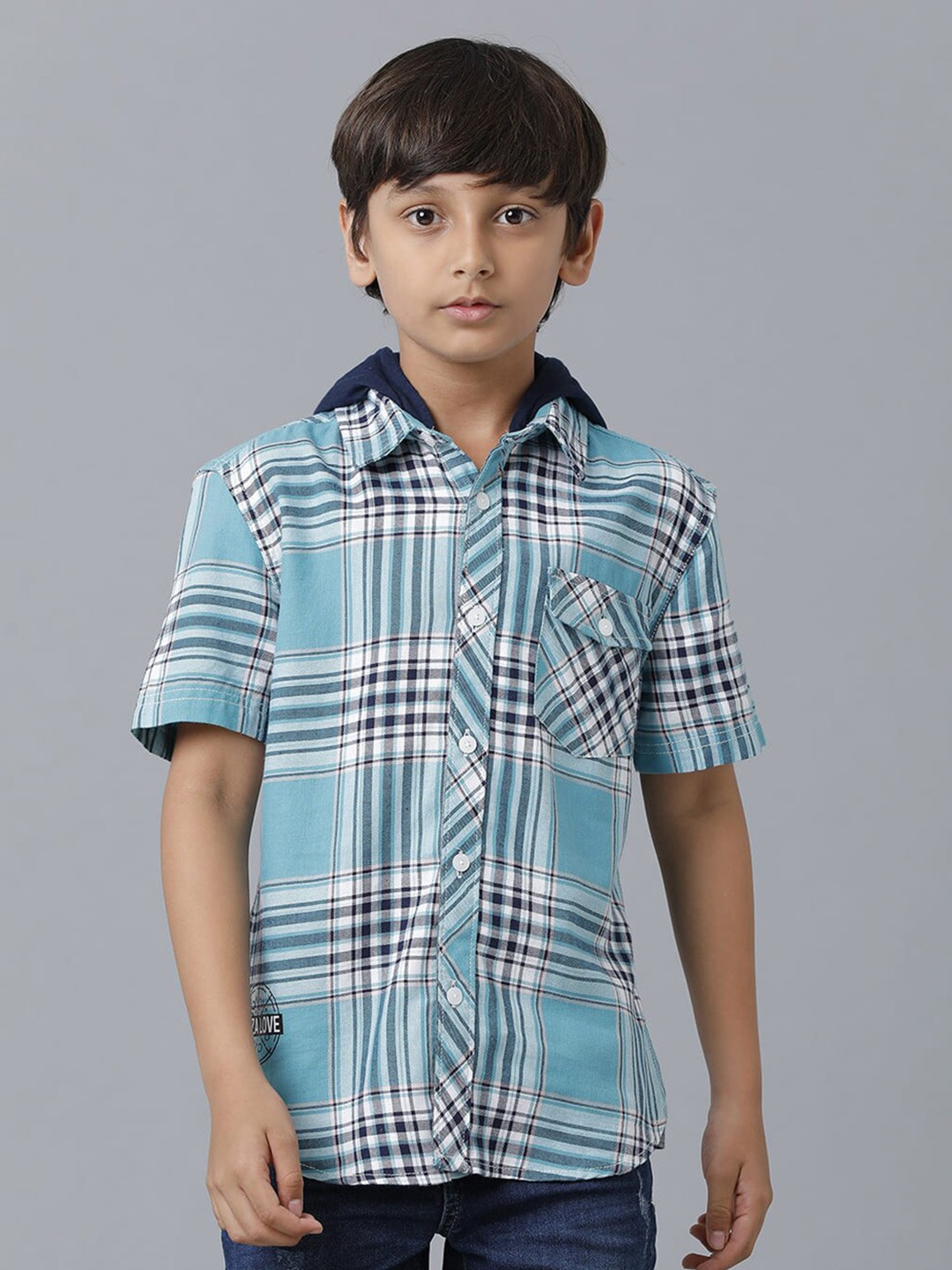 

UNDER FOURTEEN ONLY Boys Tartan Checked Casual Hooded Cotton Shirt, Blue