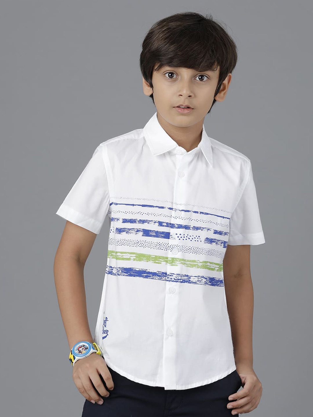 

UNDER FOURTEEN ONLY Boys Abstract Printed Casual Spread Collar Cotton Shirt, White