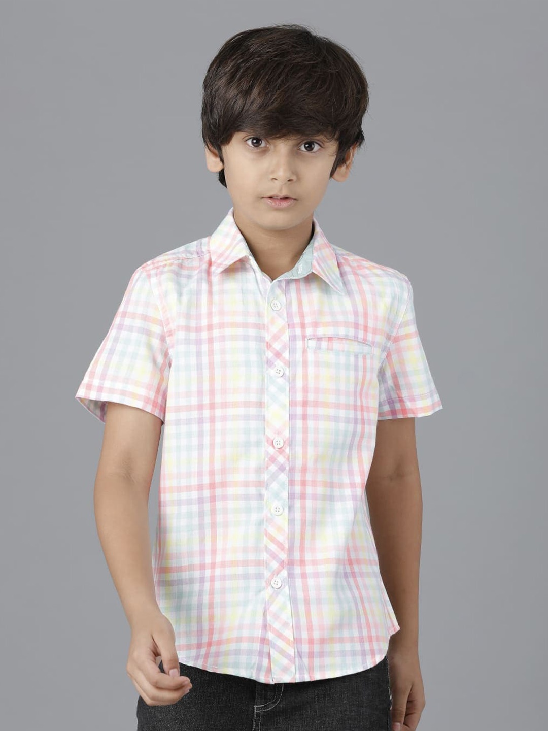 

UNDER FOURTEEN ONLY Boys Checked Casual Cotton Shirt, White