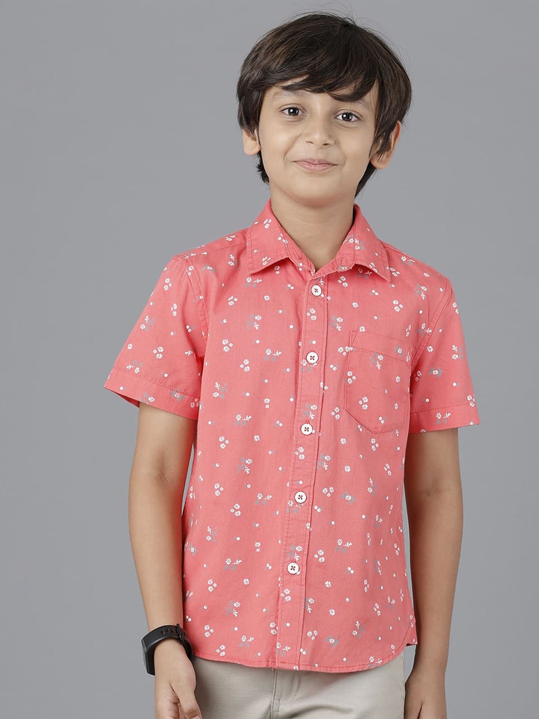 

UNDER FOURTEEN ONLY Boys Floral Printed Casual Cotton Shirt, Peach