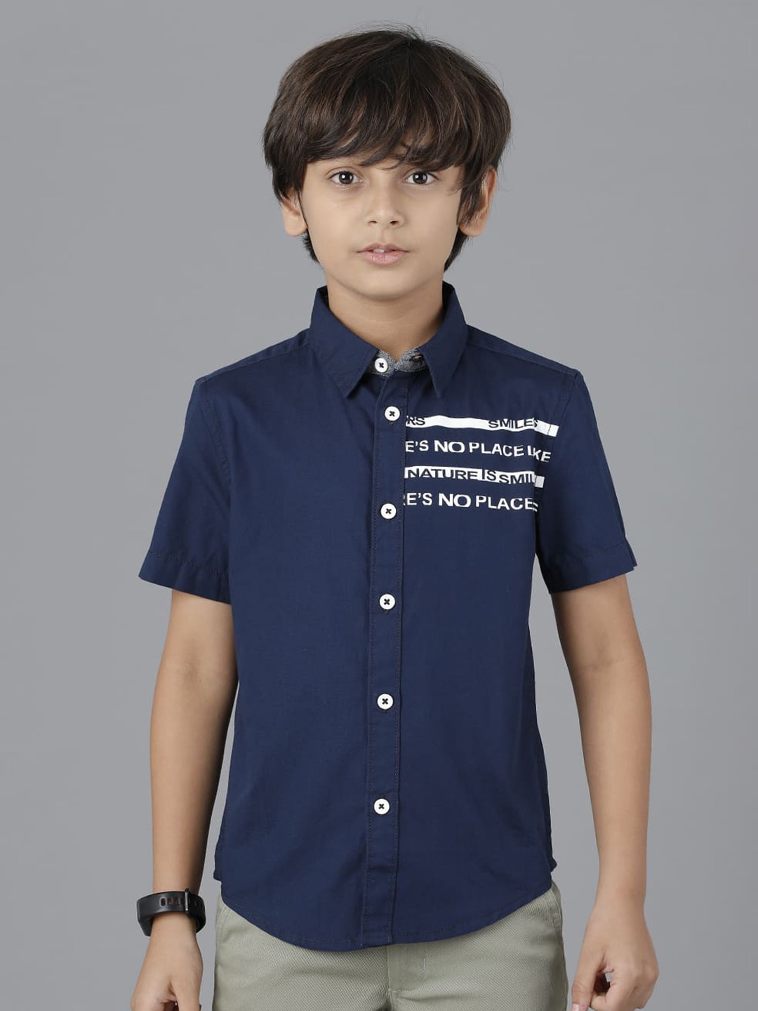 

UNDER FOURTEEN ONLY Boys Printed Casual Cotton Shirt, Navy blue