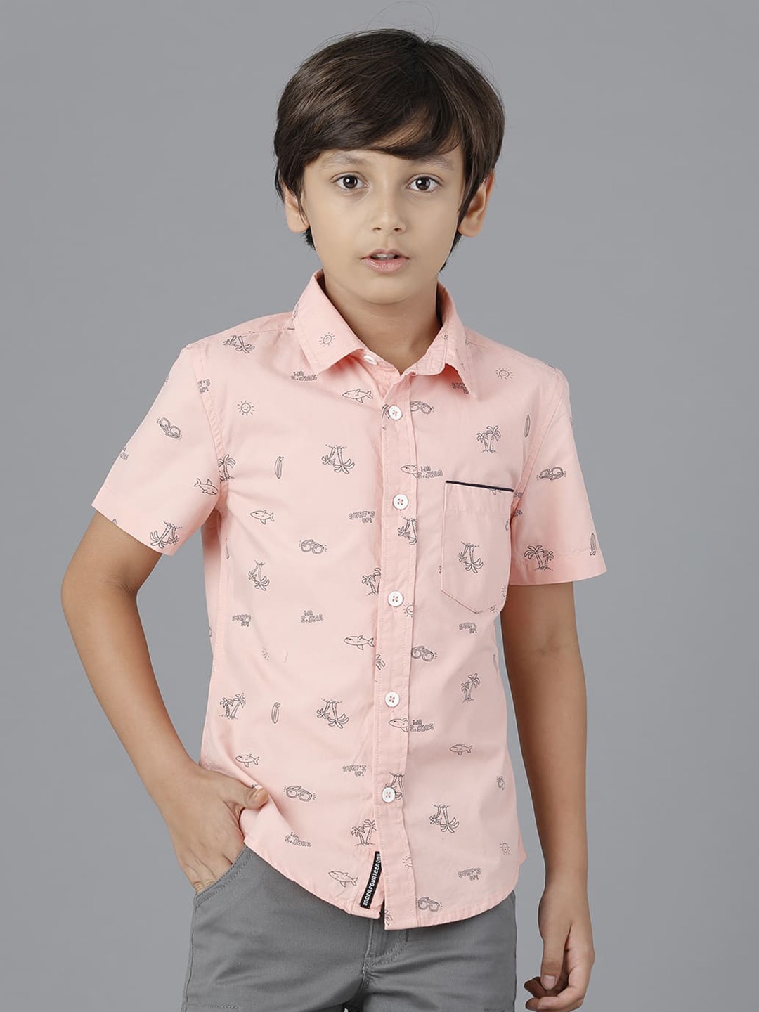 

UNDER FOURTEEN ONLY Boys Printed Casual Cotton Shirt, Peach